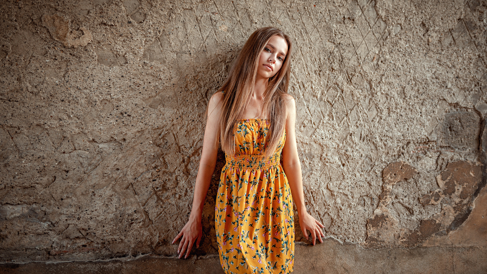 women, portrait, dress, blonde, wall, yellow dress, oliver gibbs