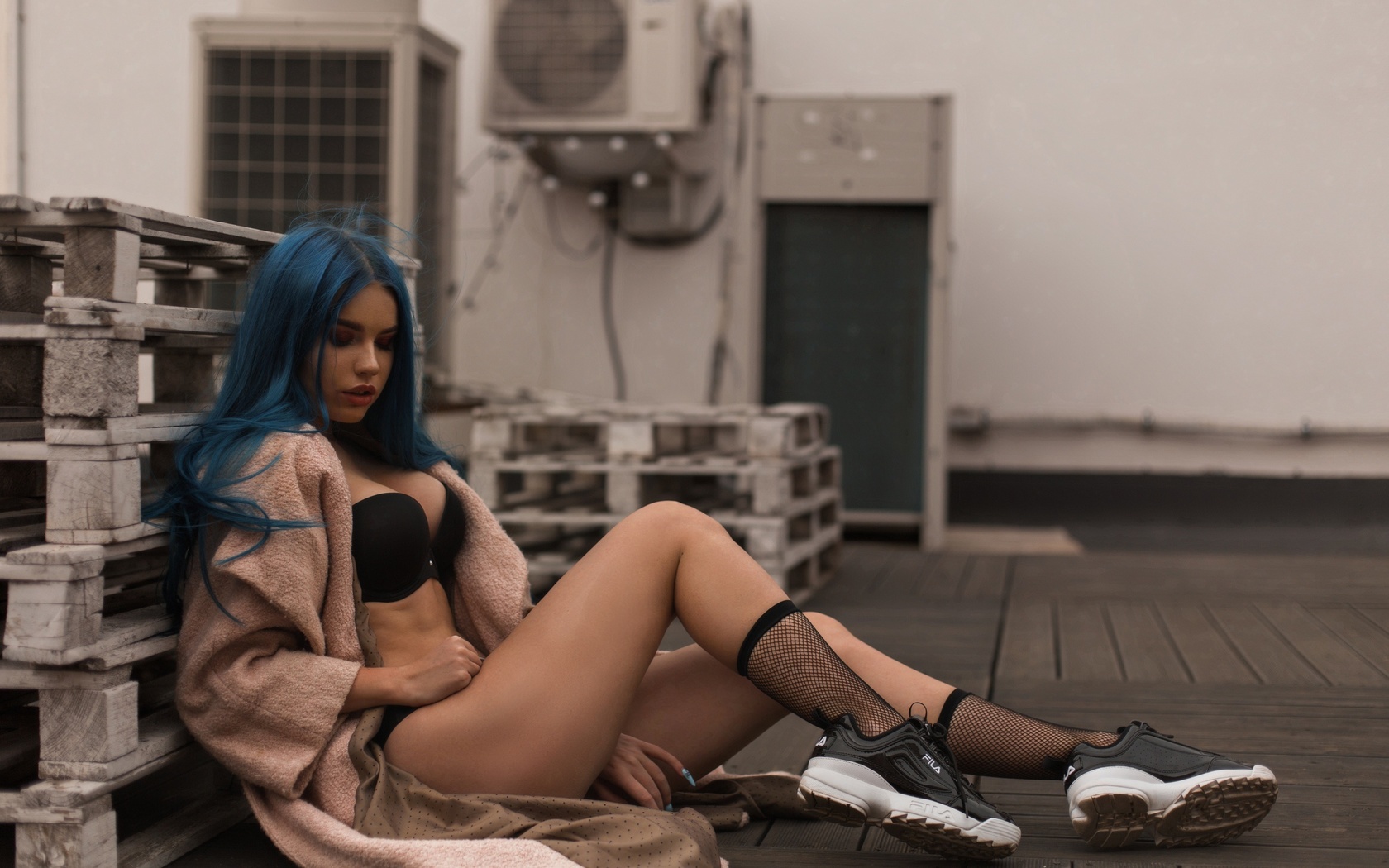 women, brunette, blue hair, dyed hair, black lingerie, sitting, sneakers, fila, coats, women outdoors, fishnet stockings