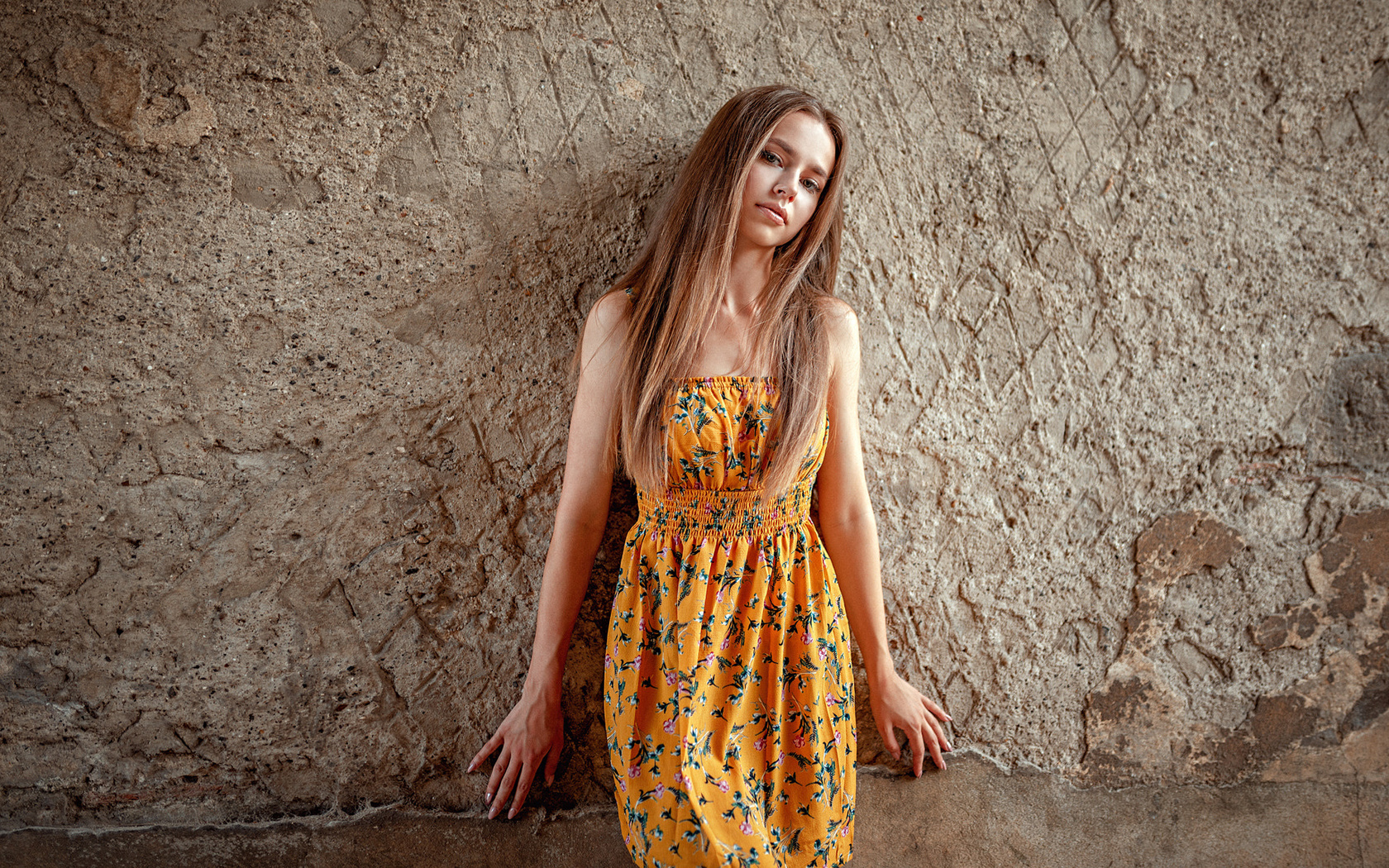 women, portrait, dress, blonde, wall, yellow dress, oliver gibbs