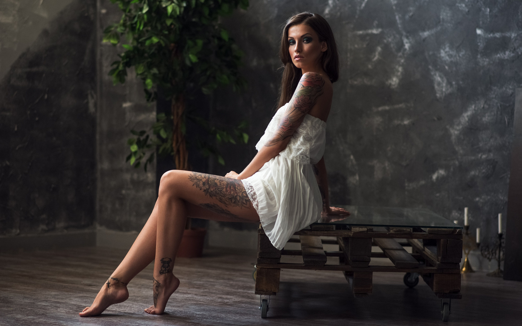 women, sitting, white dress, tattoo, portrait, bare shoulders