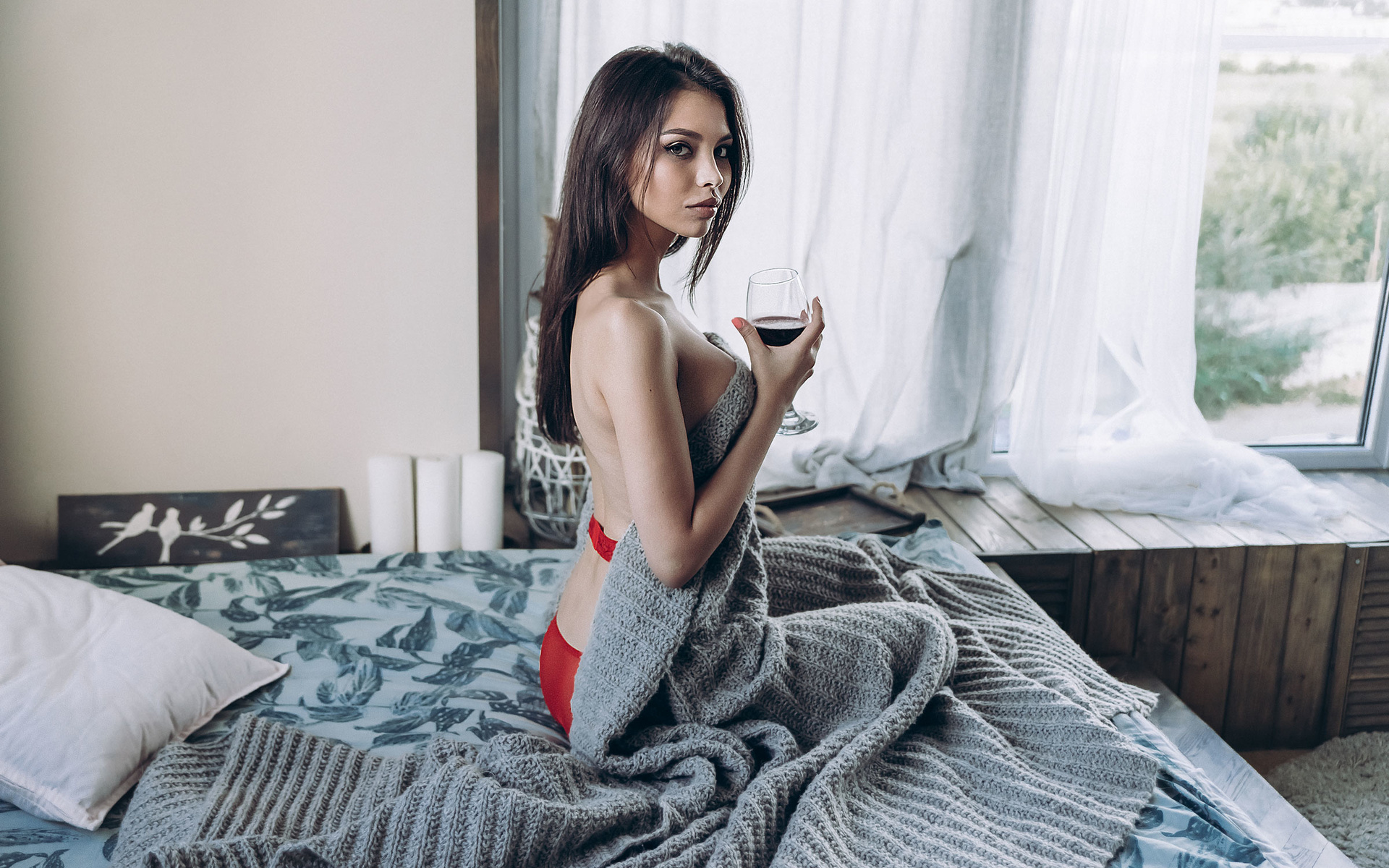 women, brunette, drinking glass, kneeling, in bed, red lingerie, boobs, wine, pillow, window