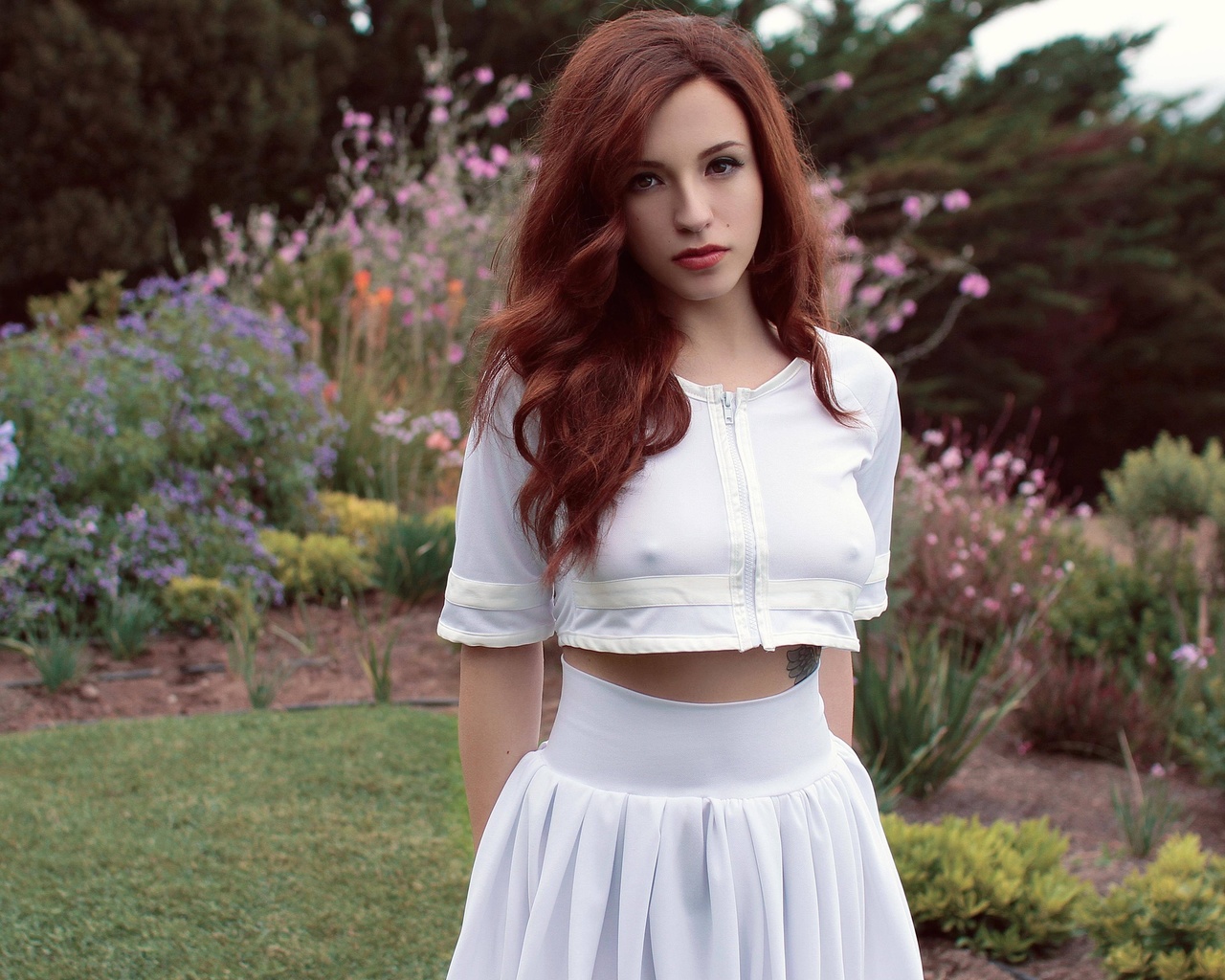 redhead, model, long hair, dress, fashion, white skirt, spring, hard nipples, clothing, mille suicide, beauty, lady