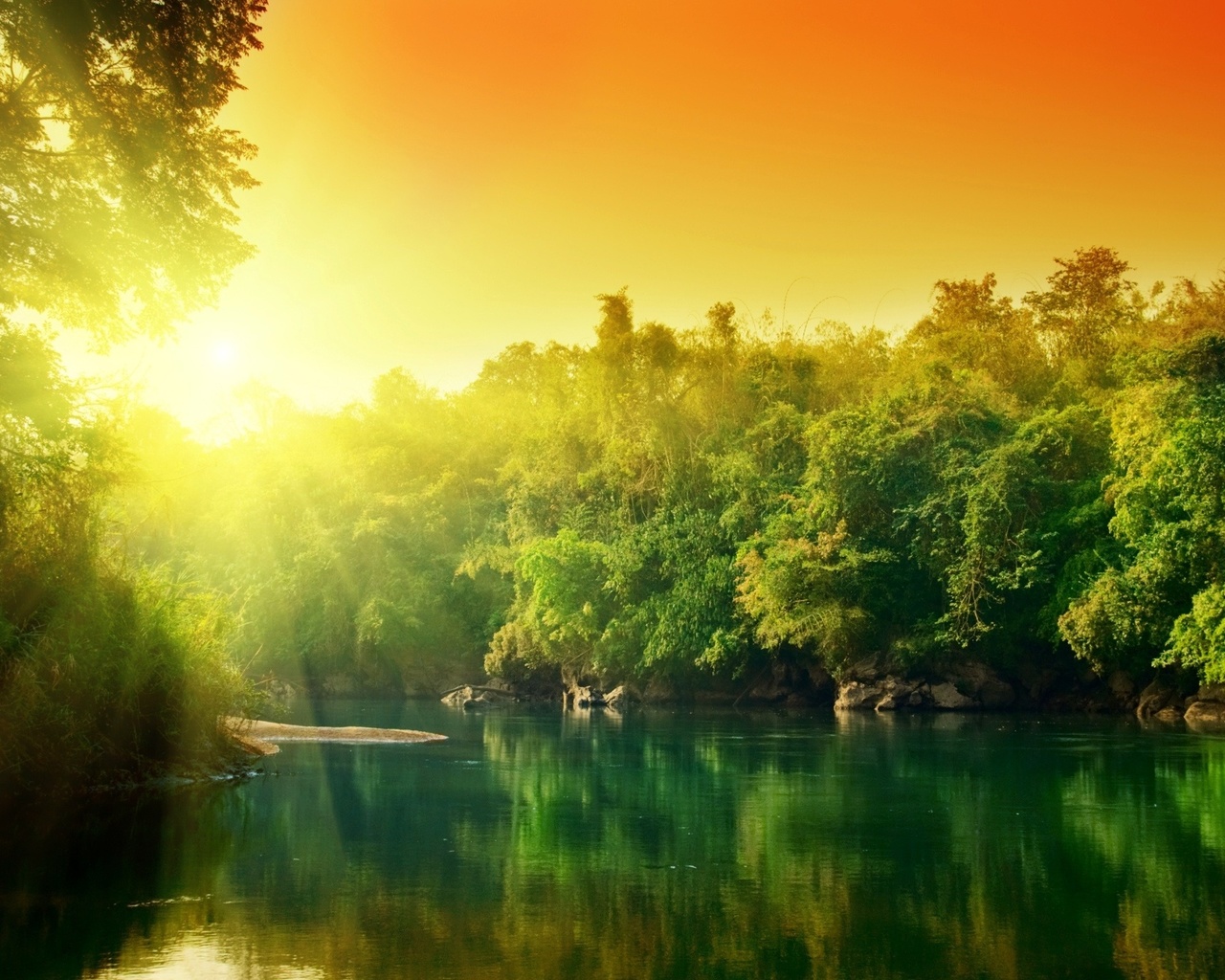 water, the sun, trees, reflection, colorful, ,,,,,,,