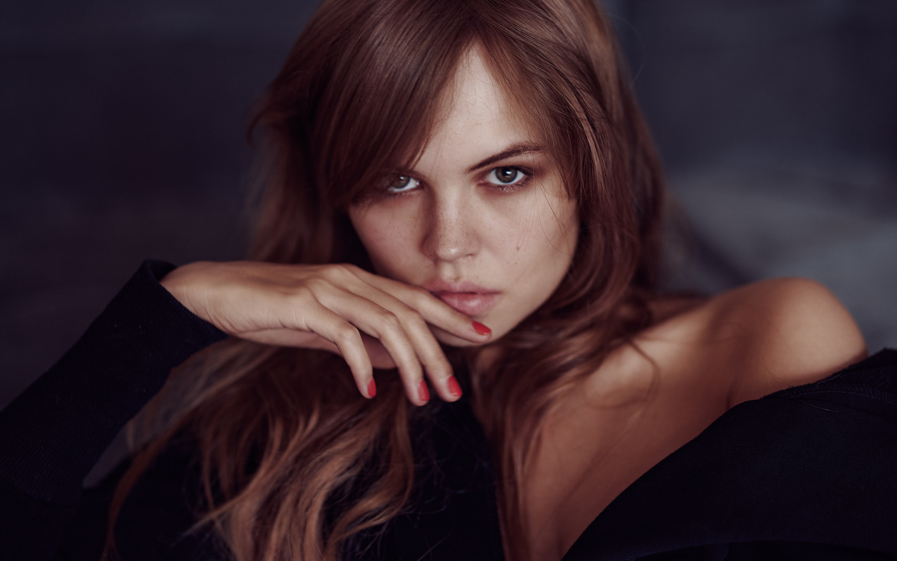 women, anastasia scheglova, red nails, portrait, finger on lips