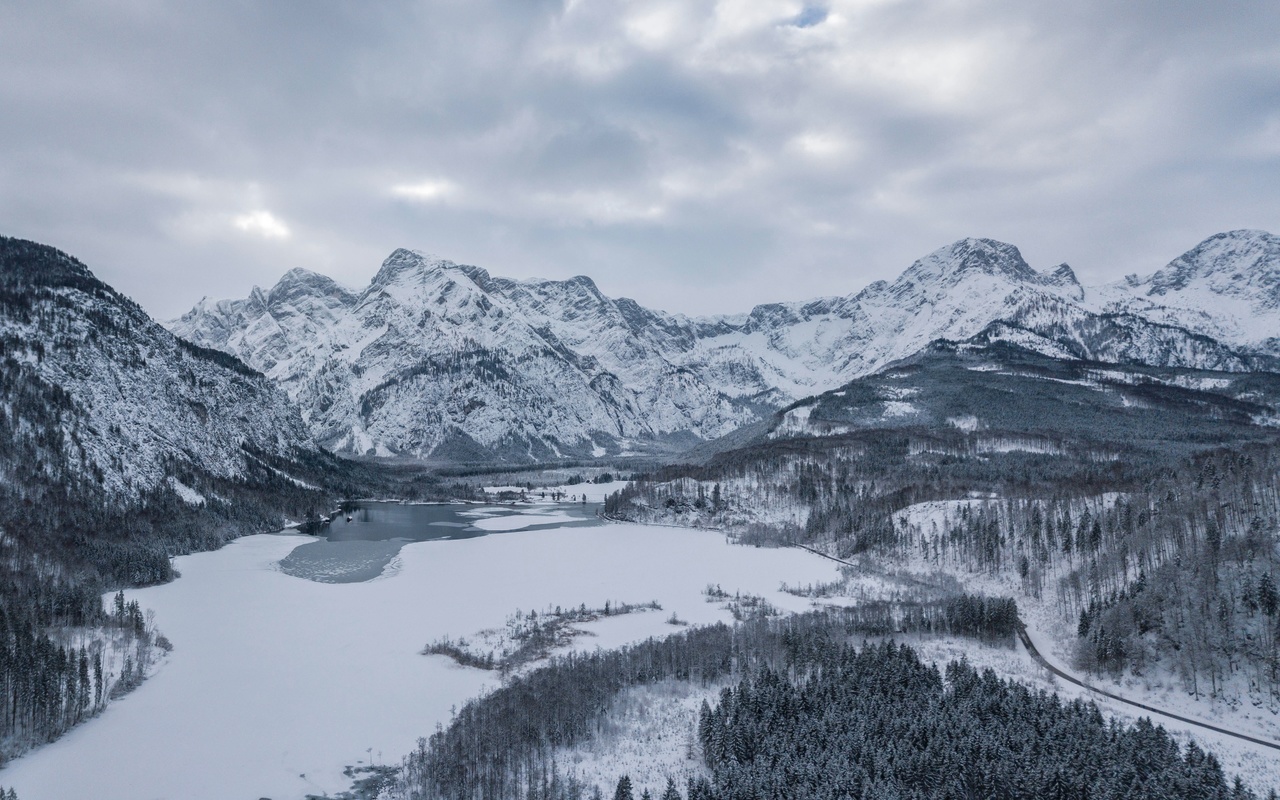 austria, almsee, lake, snow, mountain, winter, clouds, , , 