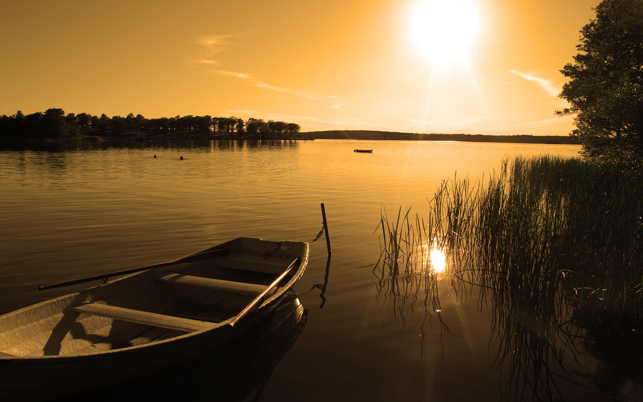 sunset, nature, lake, boat