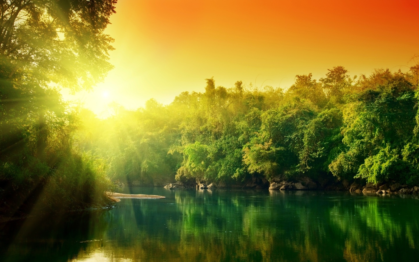 water, the sun, trees, reflection, colorful, ,,,,,,,