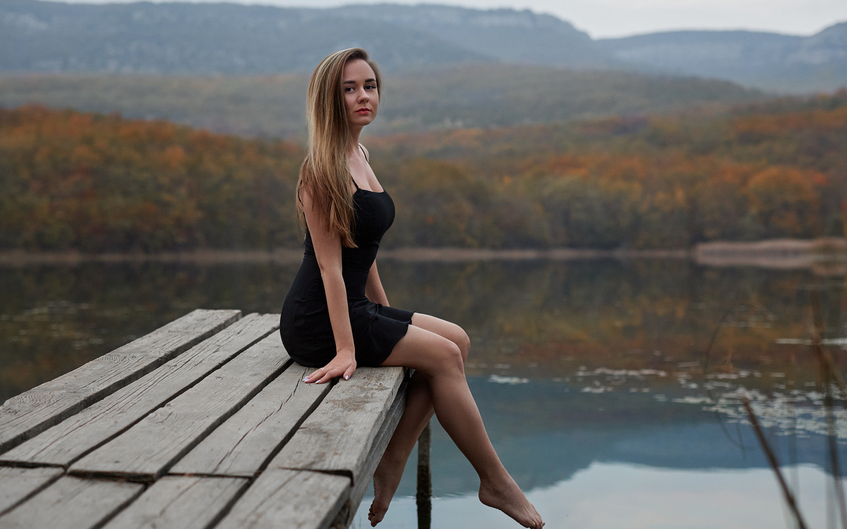 blonde, women, black dress, women outdoors, sitting, lake, portrait