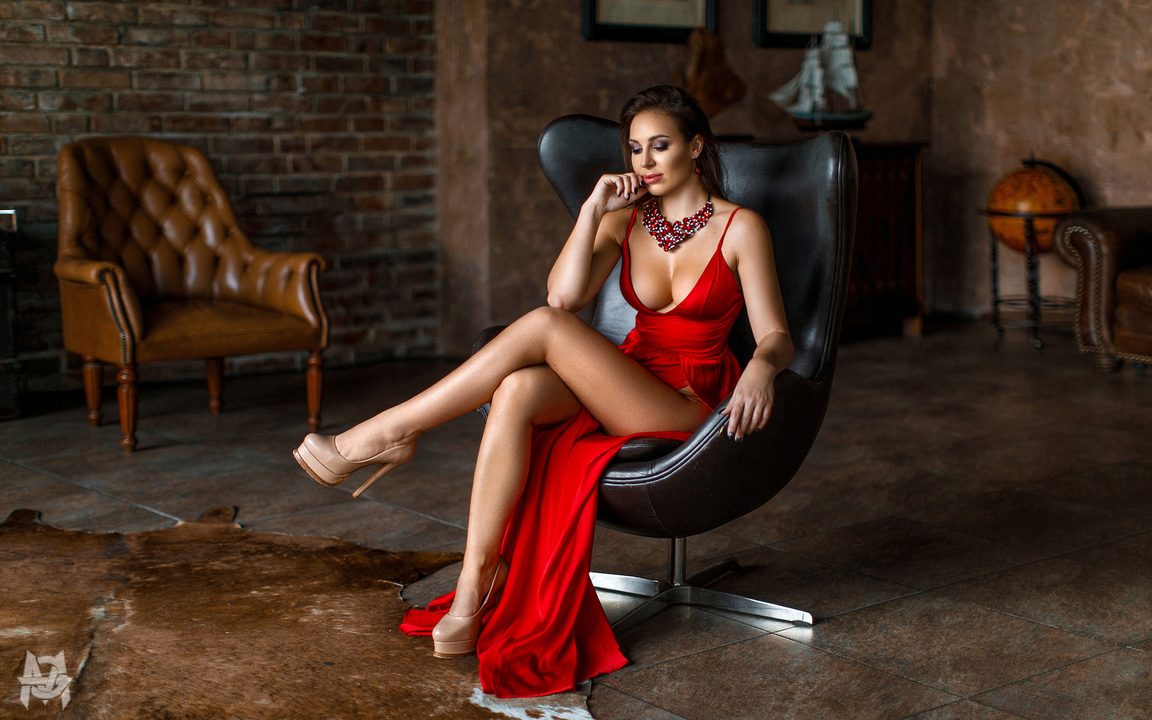 women, mihail gerasimov, sitting, high heels, red dress, legs, brunette, painted nails, legs crossed