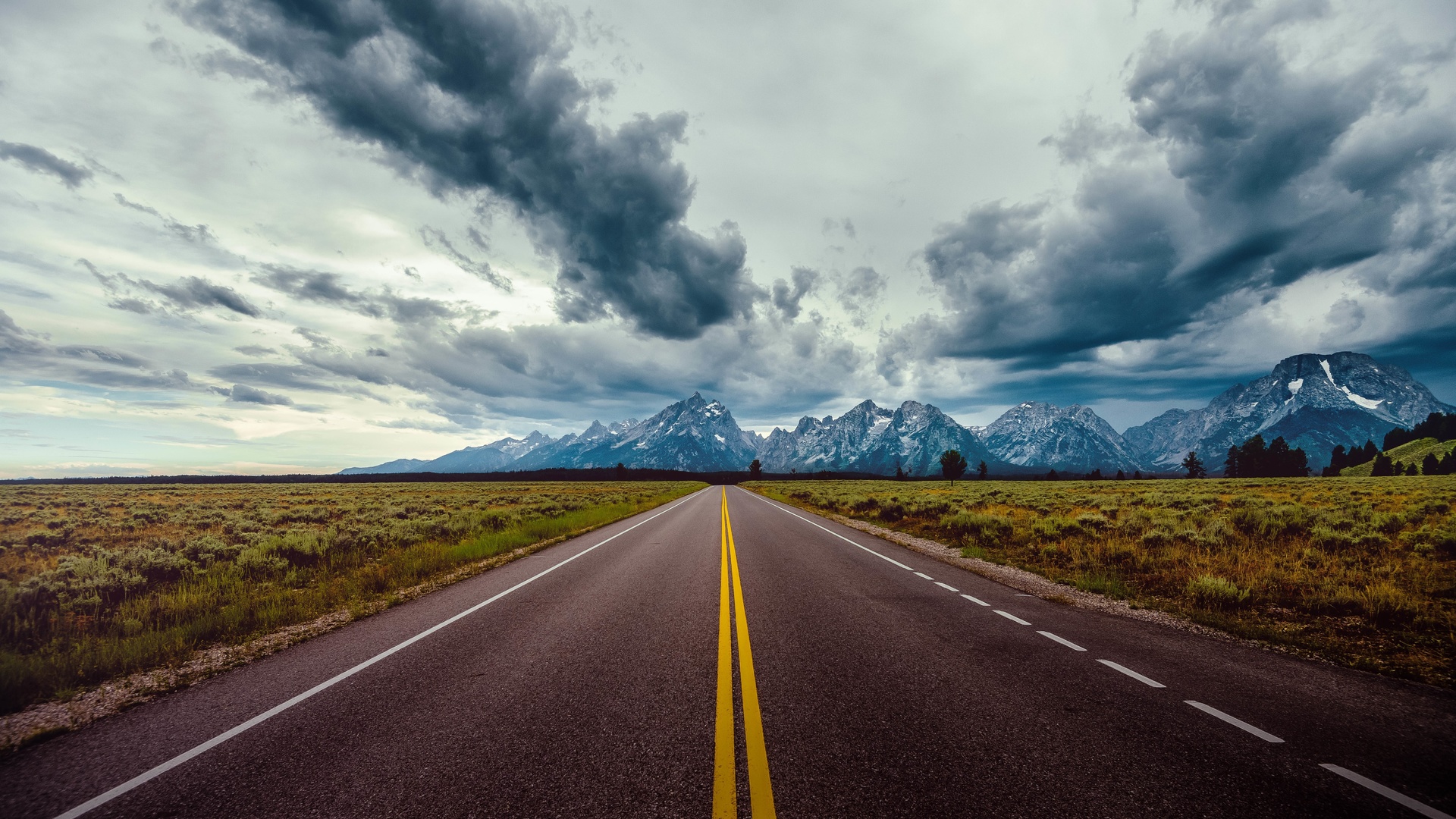 marks, highway, road, landscape, mountains, clouds, nature