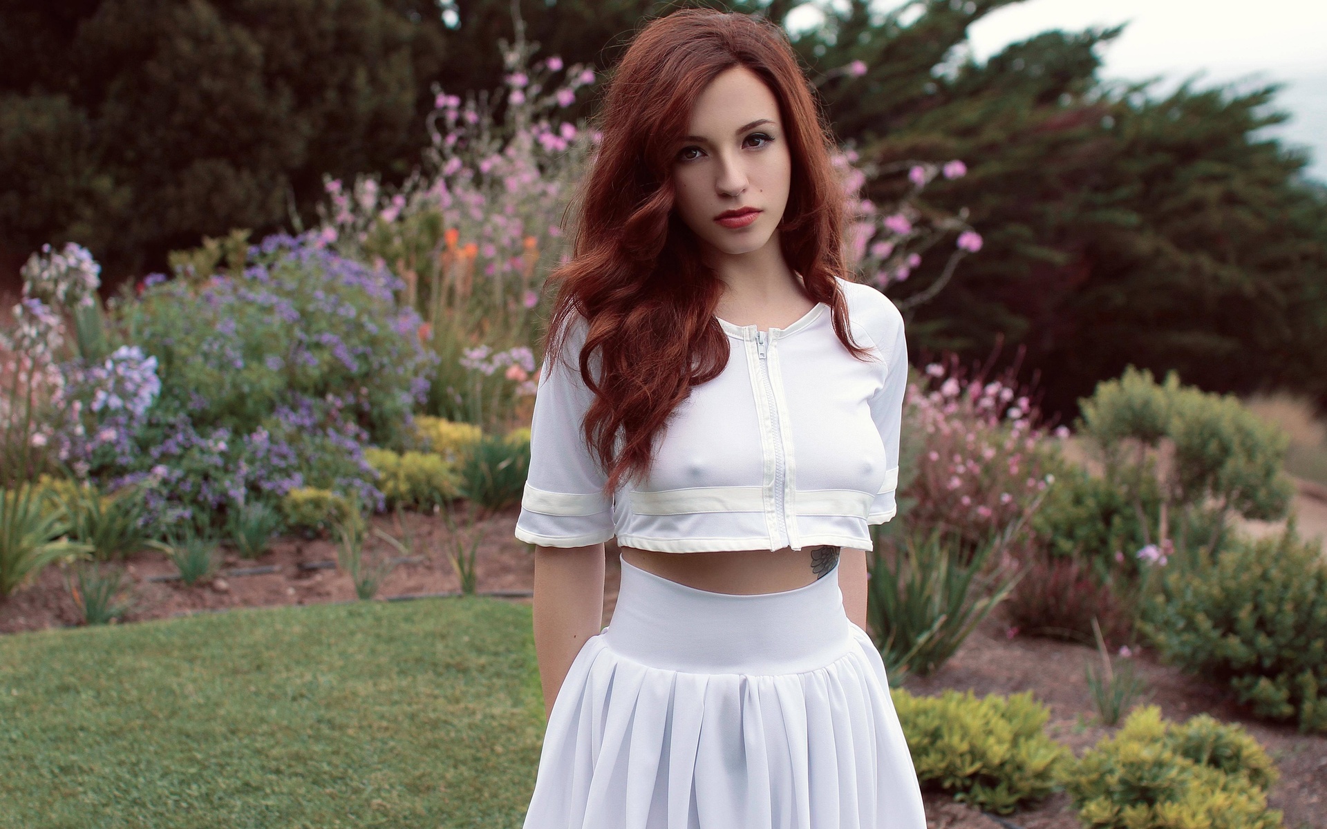 redhead, model, long hair, dress, fashion, white skirt, spring, hard nipples, clothing, mille suicide, beauty, lady