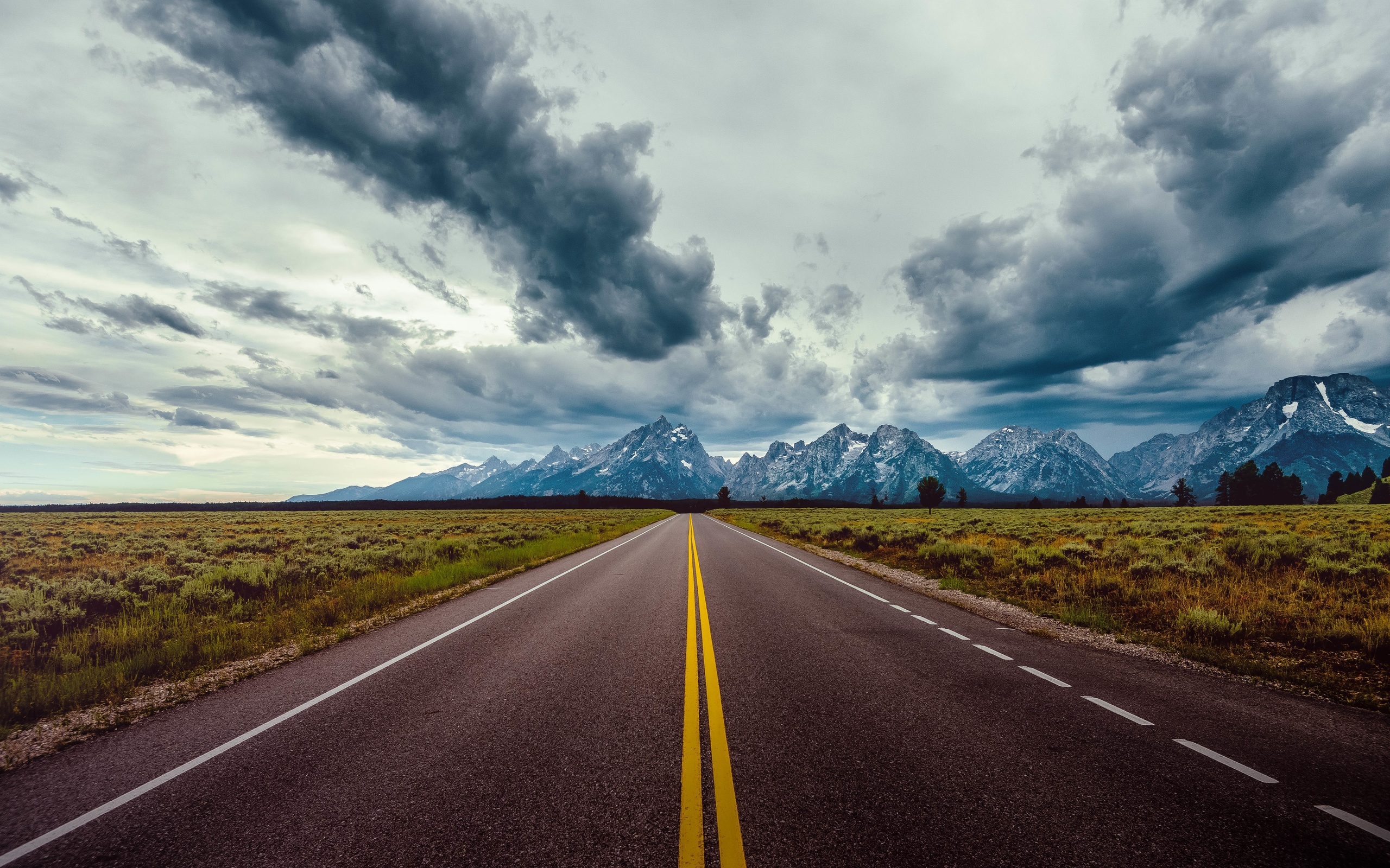 marks, highway, road, landscape, mountains, clouds, nature