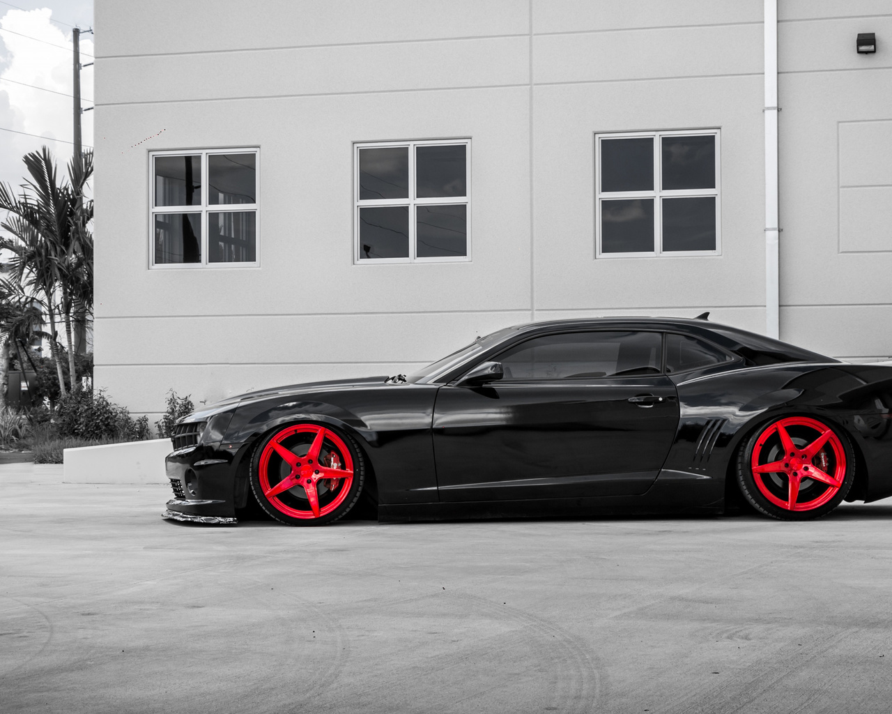 chevrolet, camaro, black, supercar, red, wheels, side view, tuning
