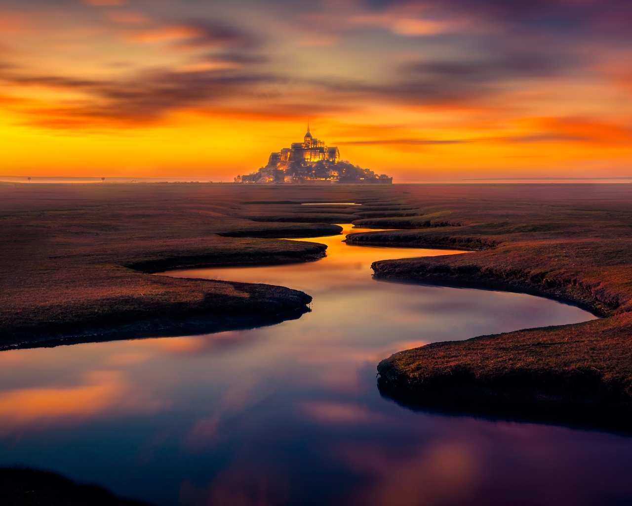 france, mont saint-michel, island, castle, stream, sunset