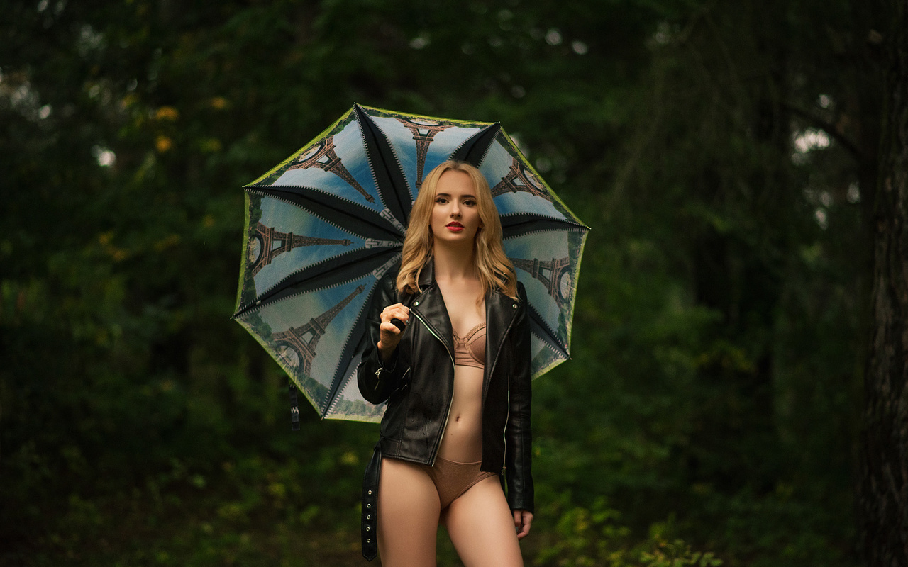 women, blonde, lingerie, red lipstick, umbrella, trees, belly, leather jackets, women outdoors