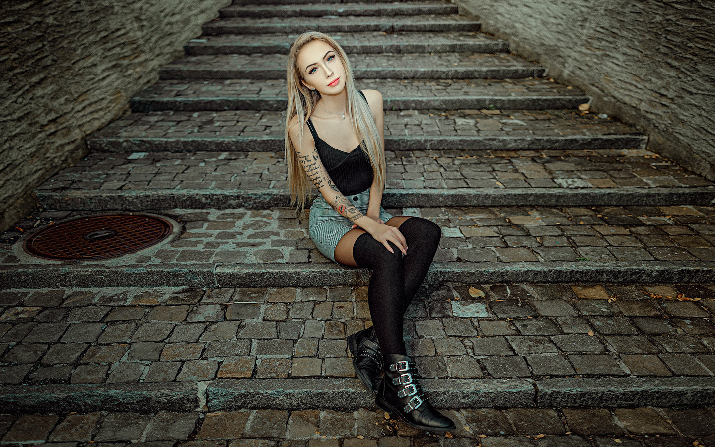women, sitting, blonde, portrait, shoes, skirt, stairs, tattoo, knee-highs, black stockings, blue eyes, necklace, long hair