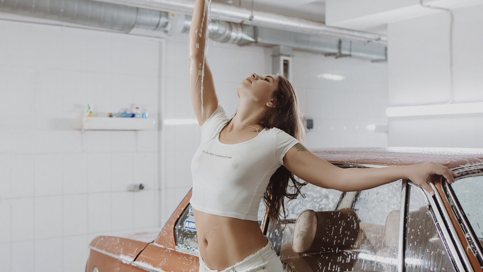 women, car washes, brunette, water, belly, tattoo, women with cars, jean shorts, soap, nipples through clothing, necklace, garage, white clothing