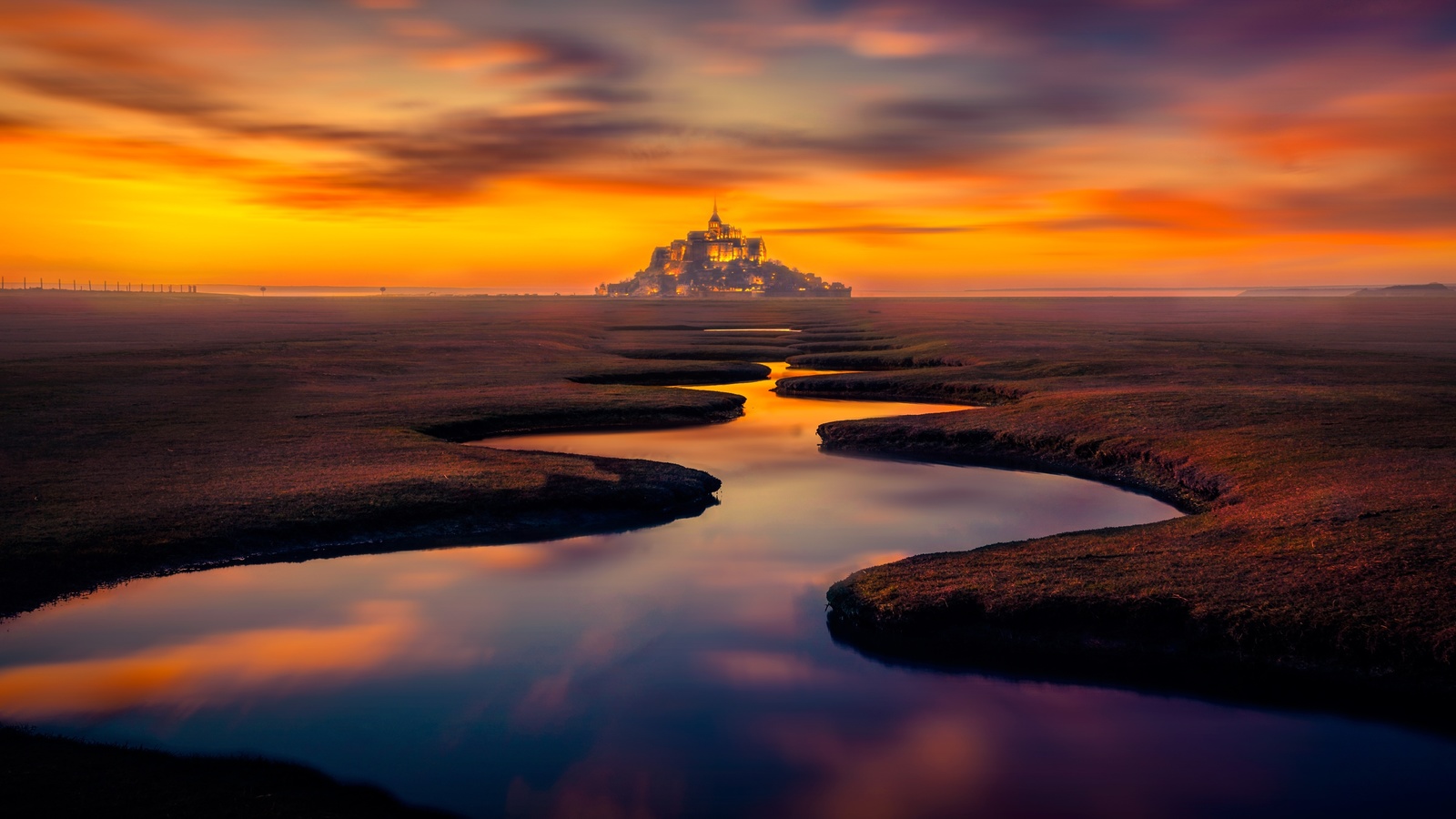 france, mont saint-michel, island, castle, stream, sunset