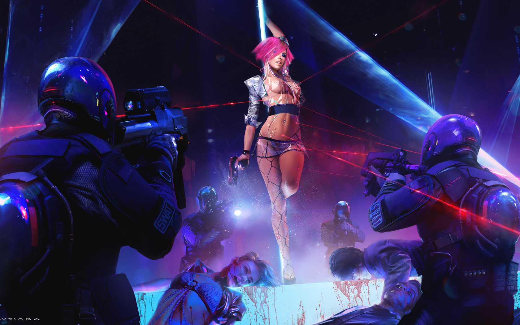 cyberpunk, cyberpunk 2077, exotic dancer, swat, laser