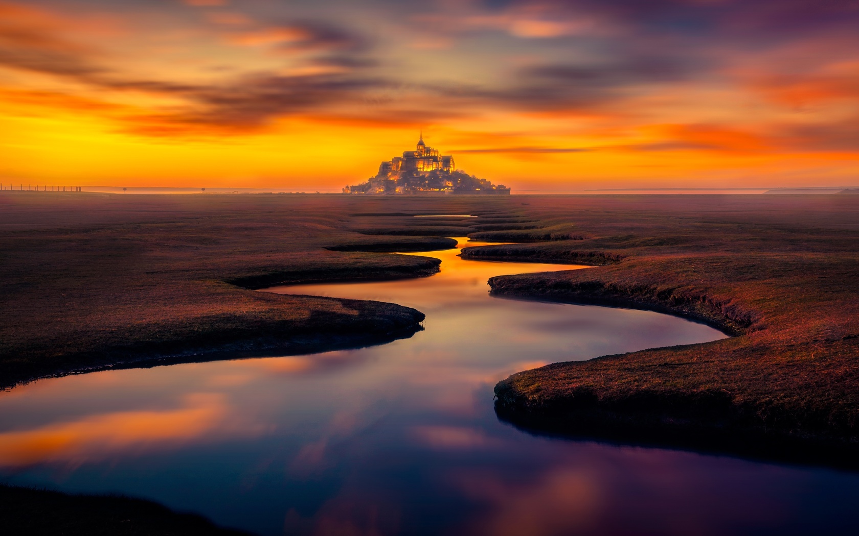 france, mont saint-michel, island, castle, stream, sunset