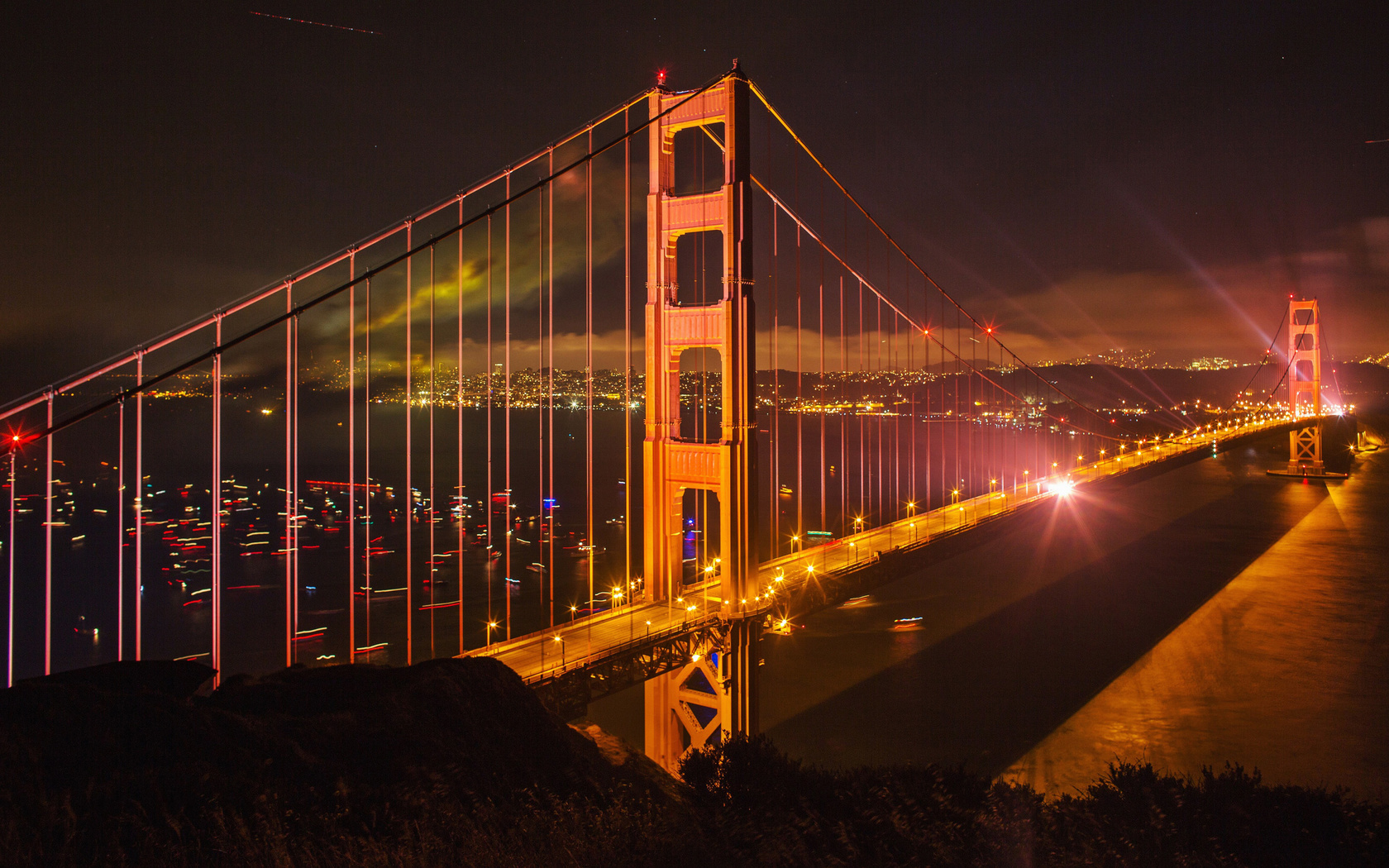 golden gate bridge, evening, night, cityscape, city lights, san francisco