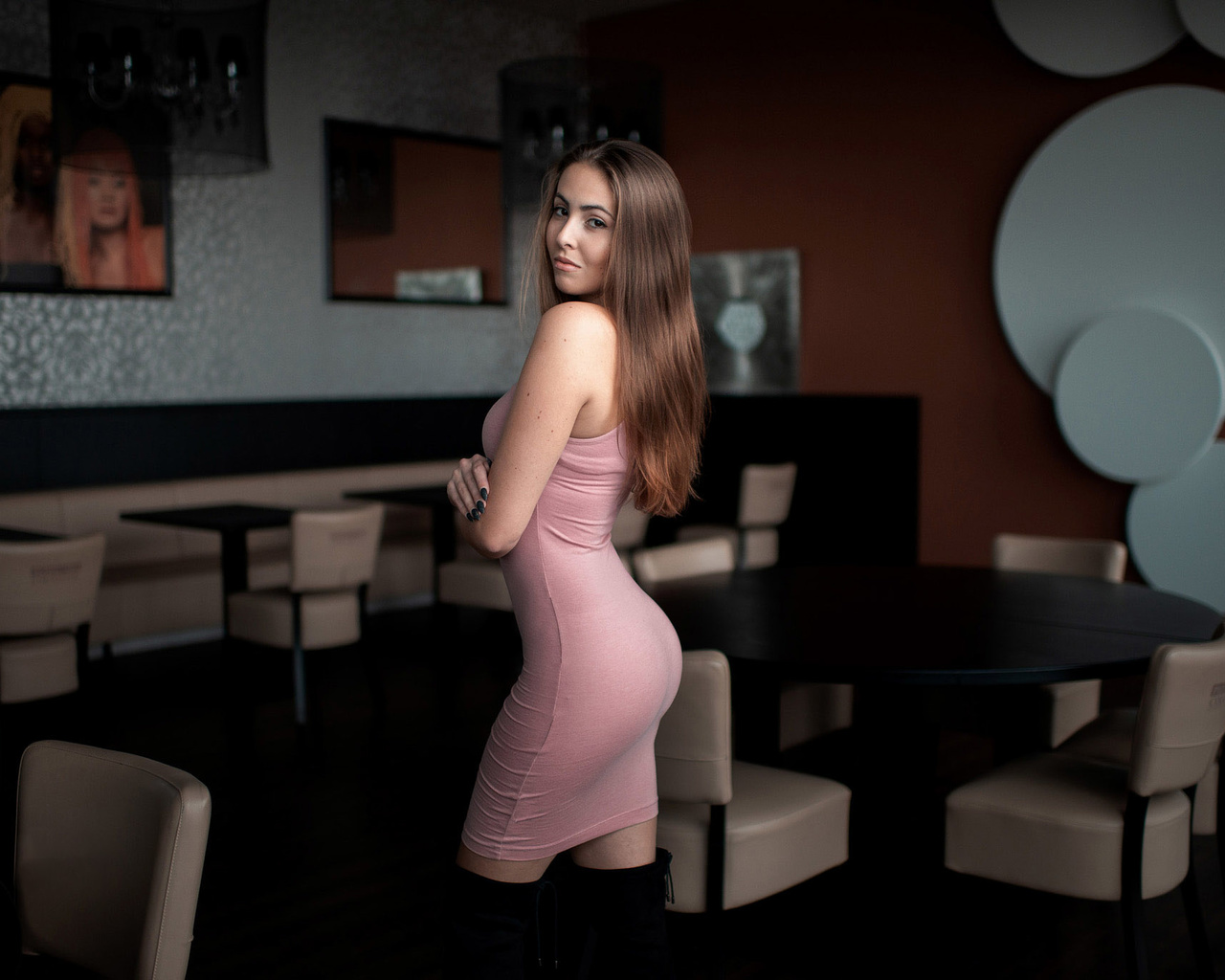 women, pink dress, knee-high boots, chair, table, black nails, tight dress, portrait