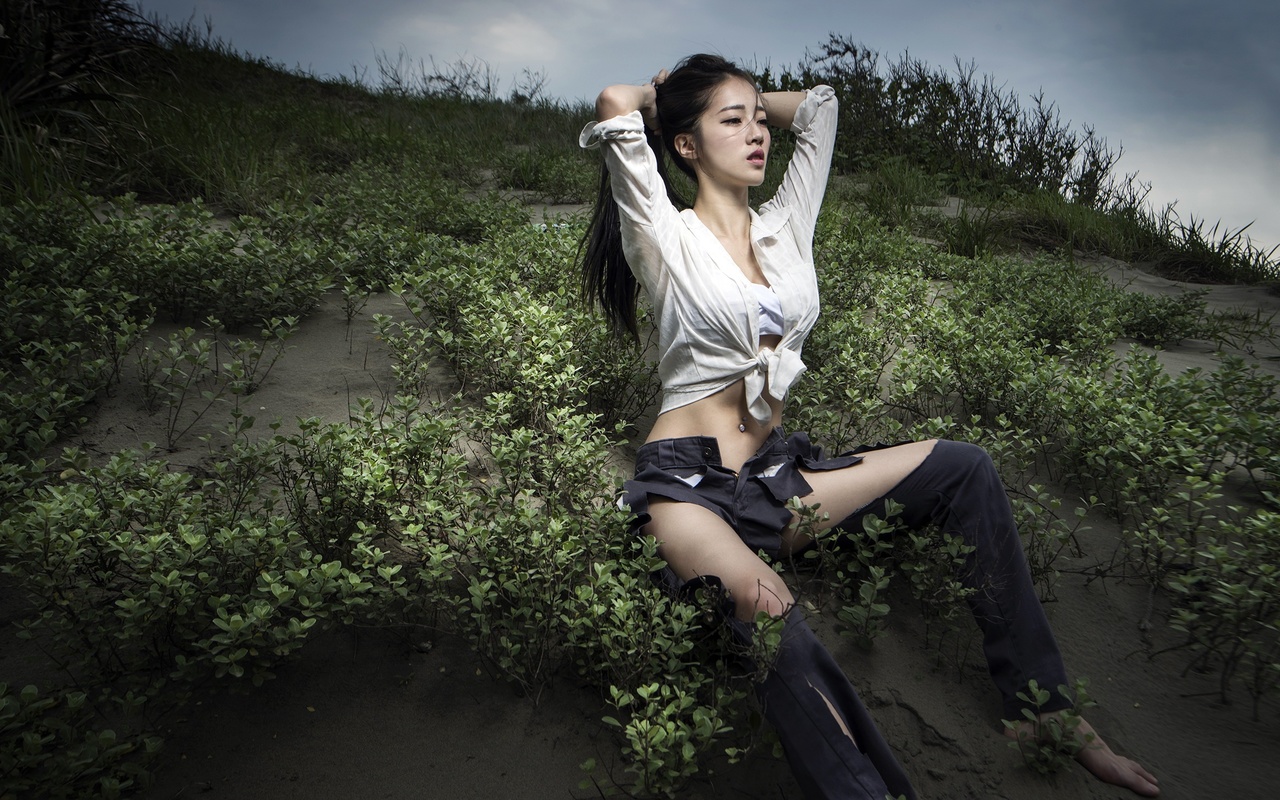 asian, arms up, plants, women, model