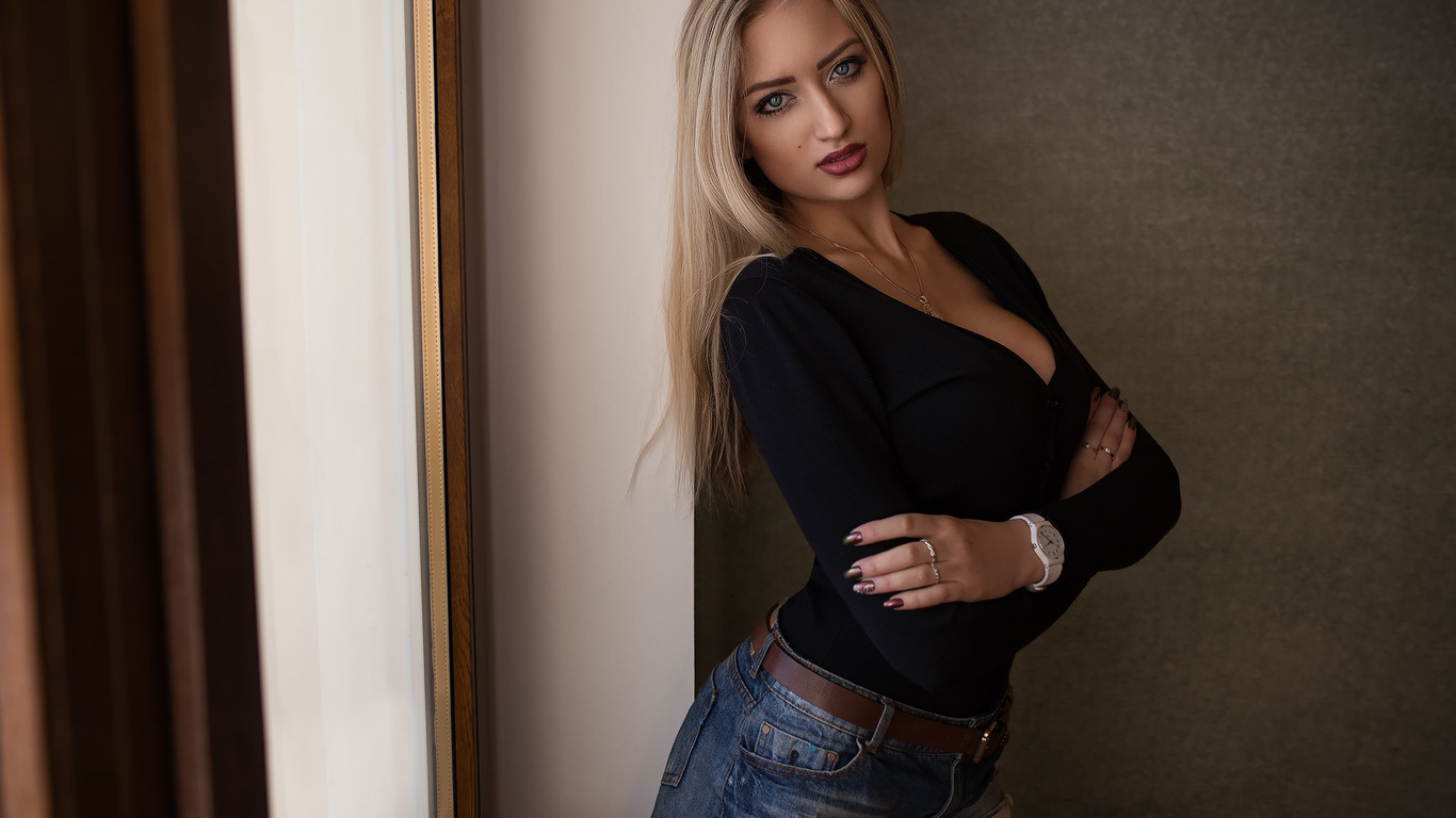 women, blonde, jean shorts, blue eyes, arms crossed, dmitry sn, red lipstick, cleavage, necklace, belt, portrait, window