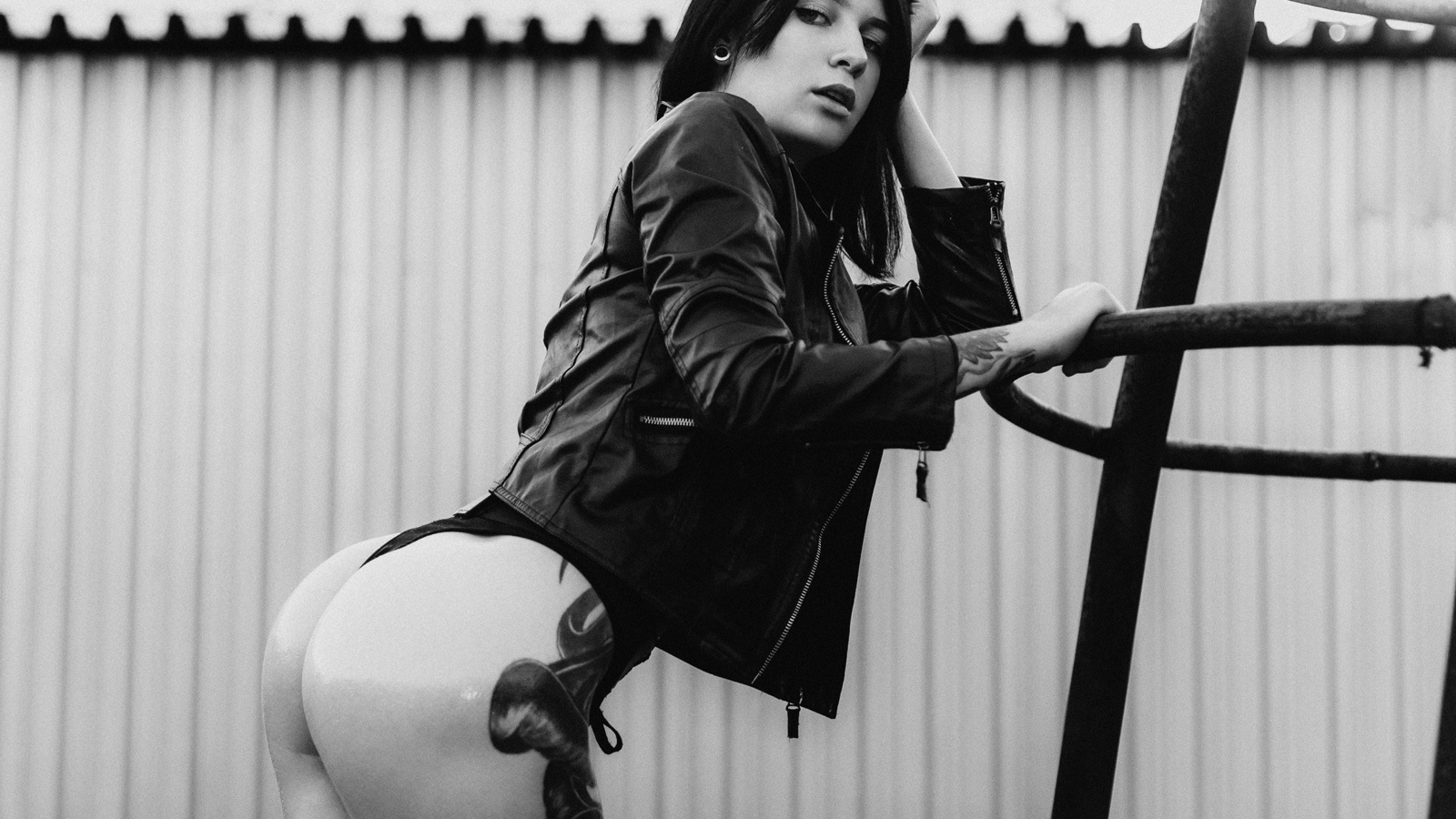 andrey popenko, model, looking at viewer, bodysuit, ass, inked girls, tattoo, leather jackets, women outdoors, monochrome, portrait, 