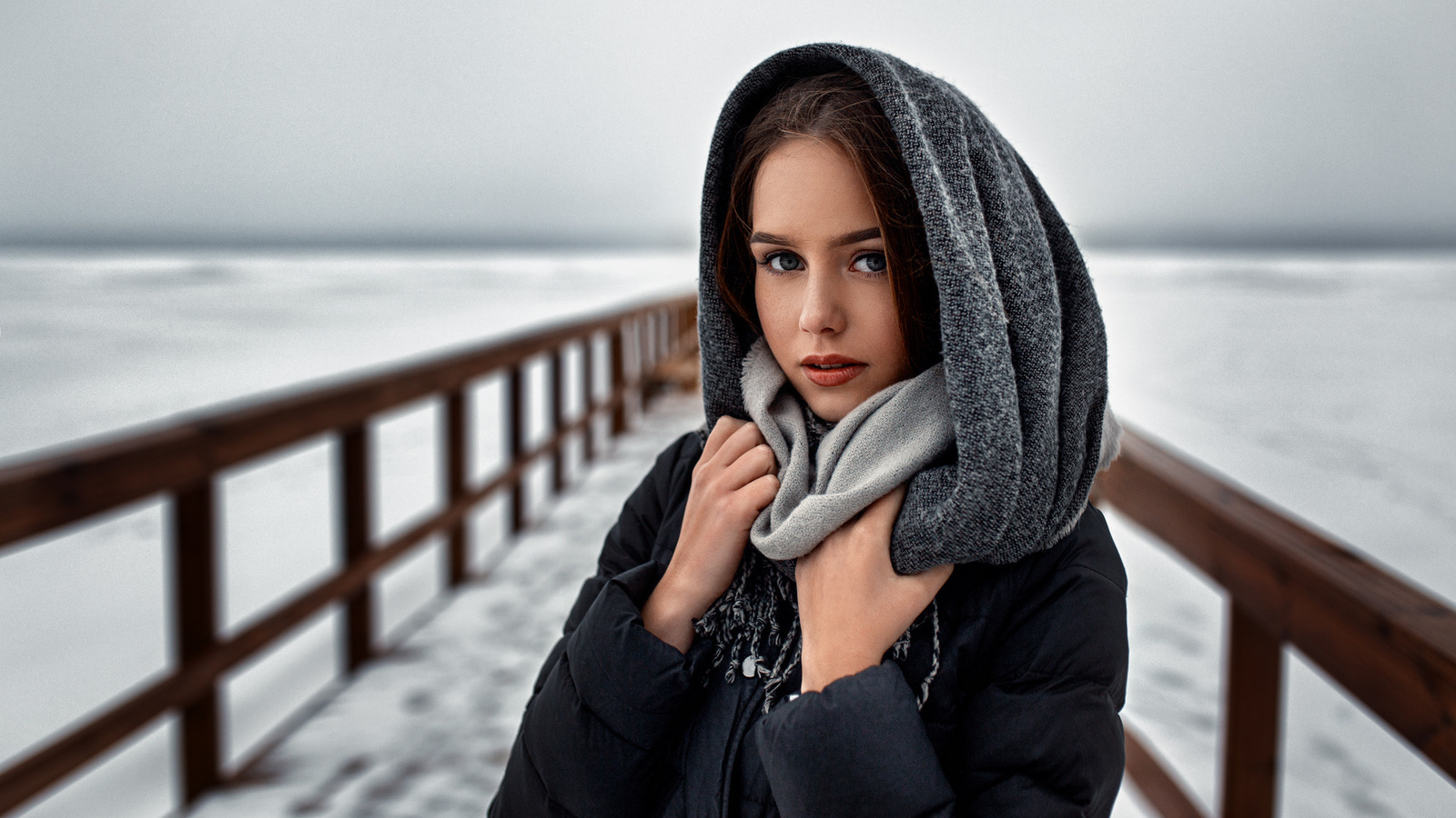 women, portrait, black coat, scarf, hoods, red lipstick, women outdoors, fence