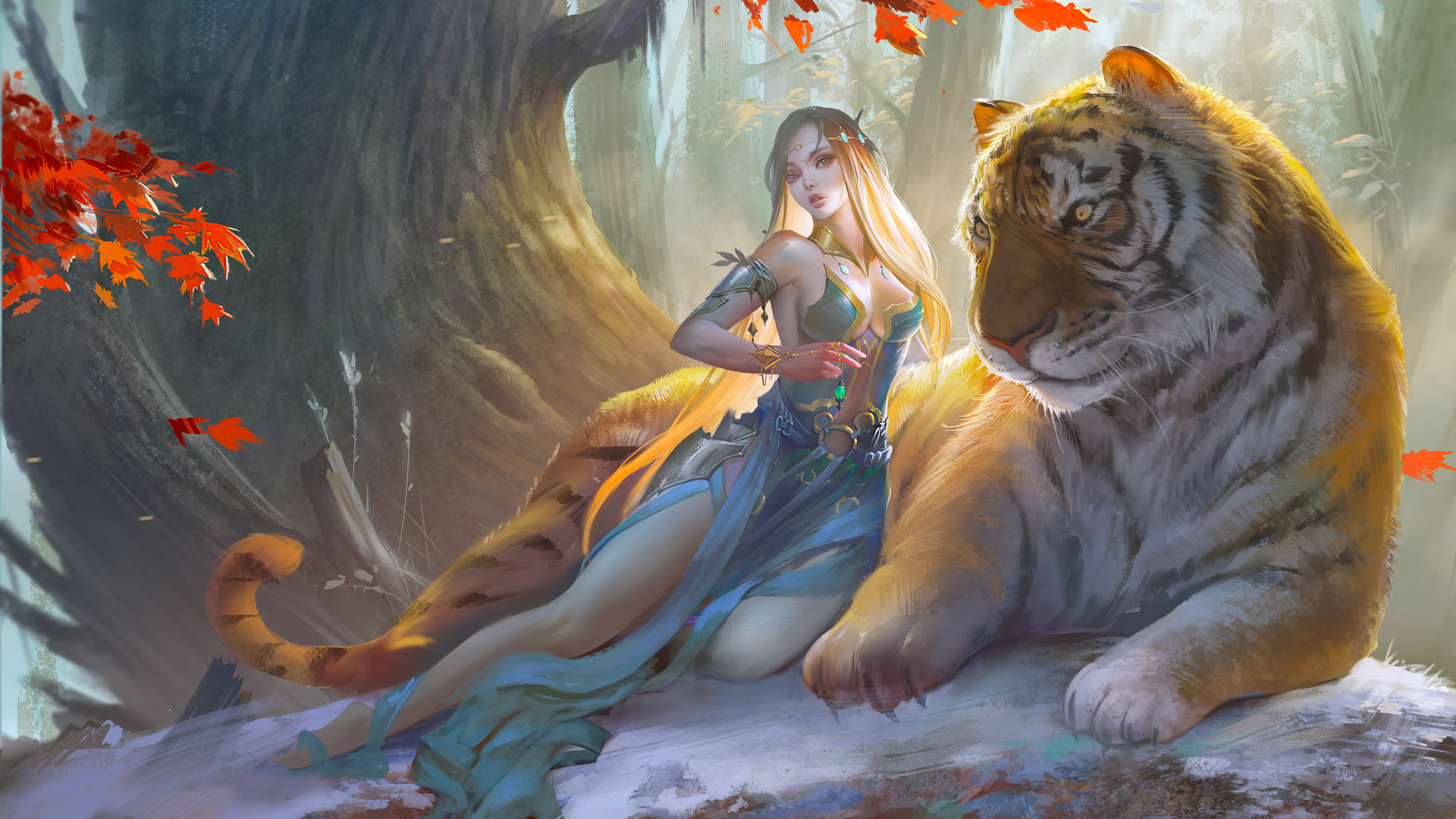 fantasy girl, with, tiger