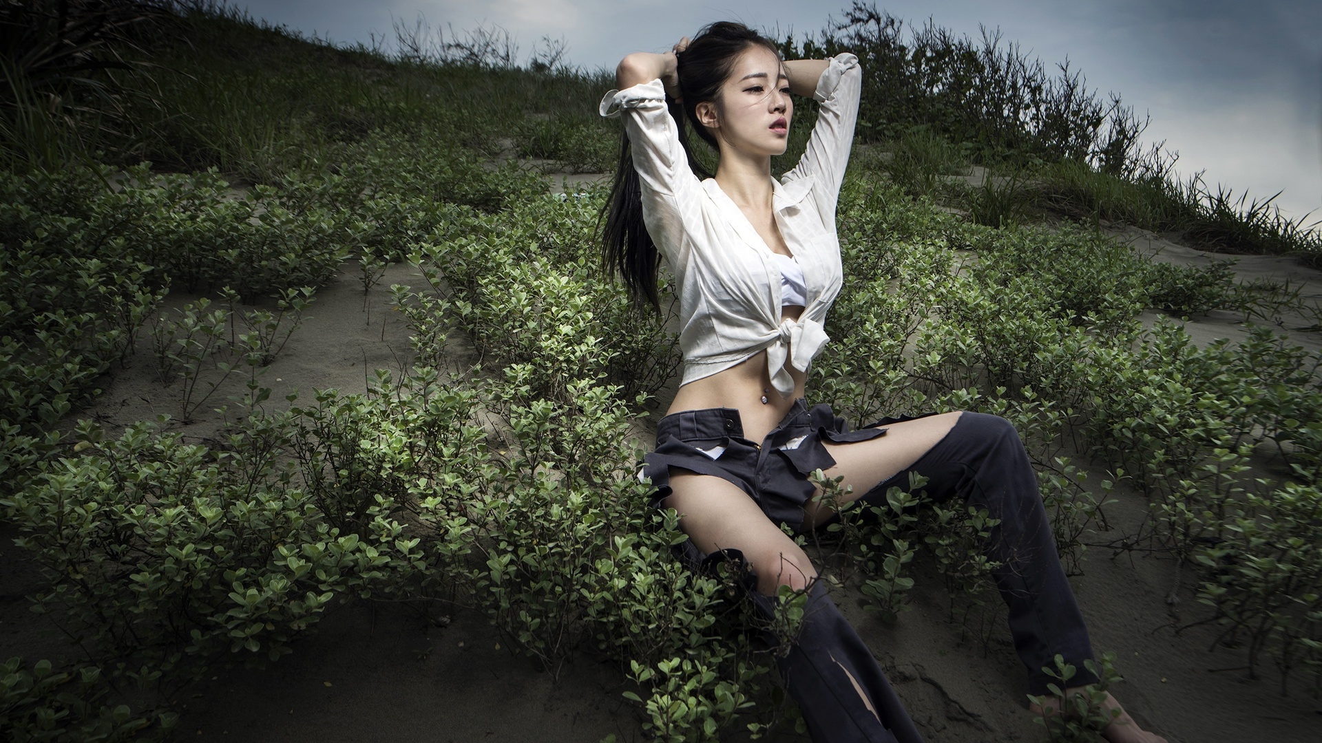 asian, arms up, plants, women, model