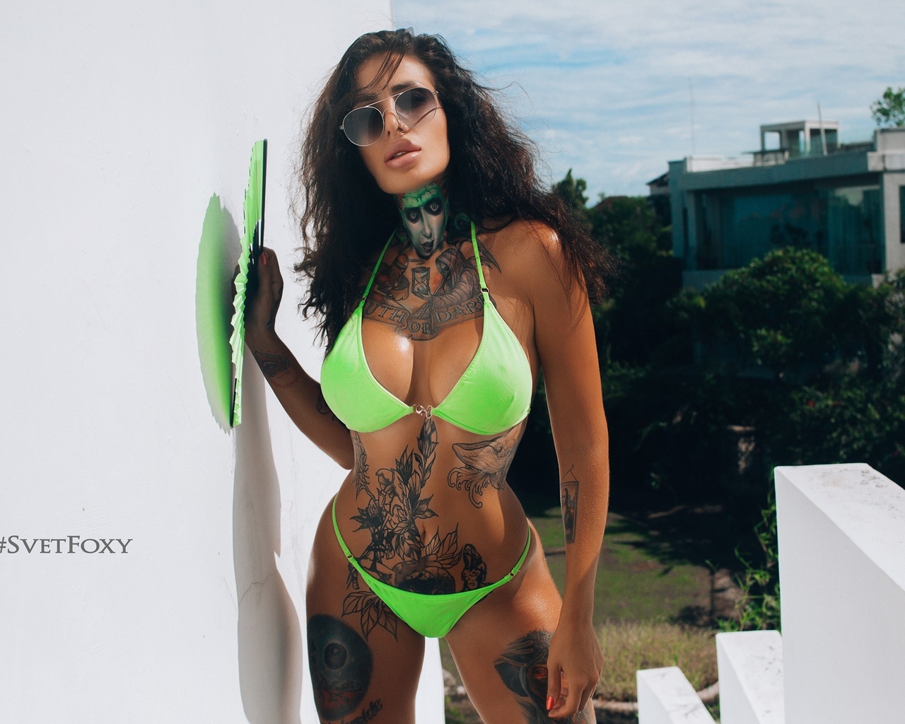 women, green bikini, tanned, svetlana nikonova, belly, tattoo, sunglasses, red nails