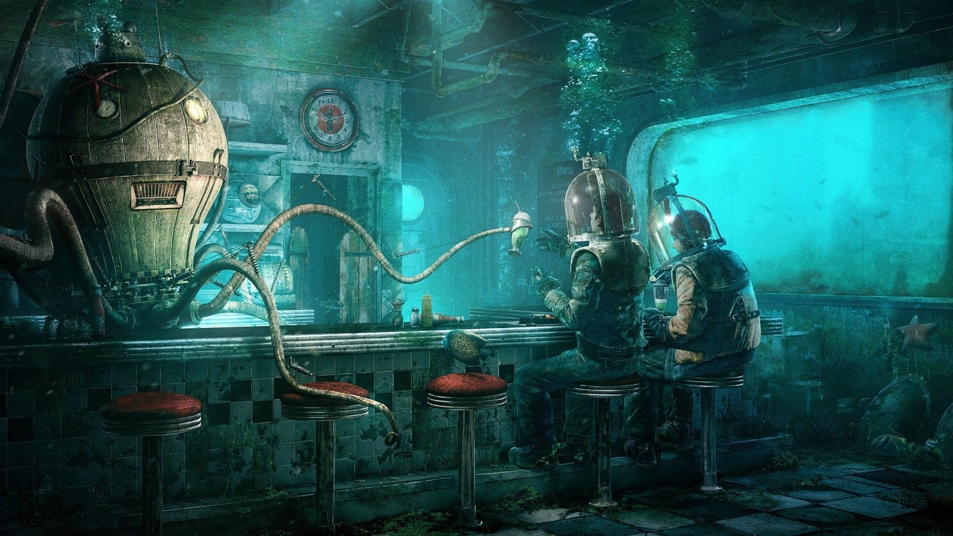 underwater restaurant, sci-fi, post-apocalyptic, sci-fi
