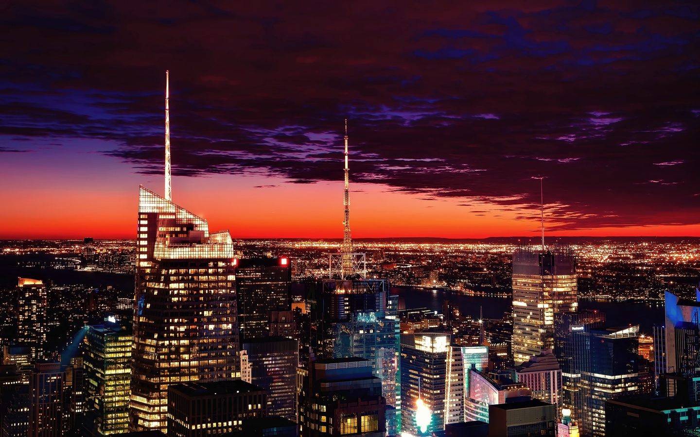 new york, sunset, skyscrapers, clouds, night, scenic, architecture, united states