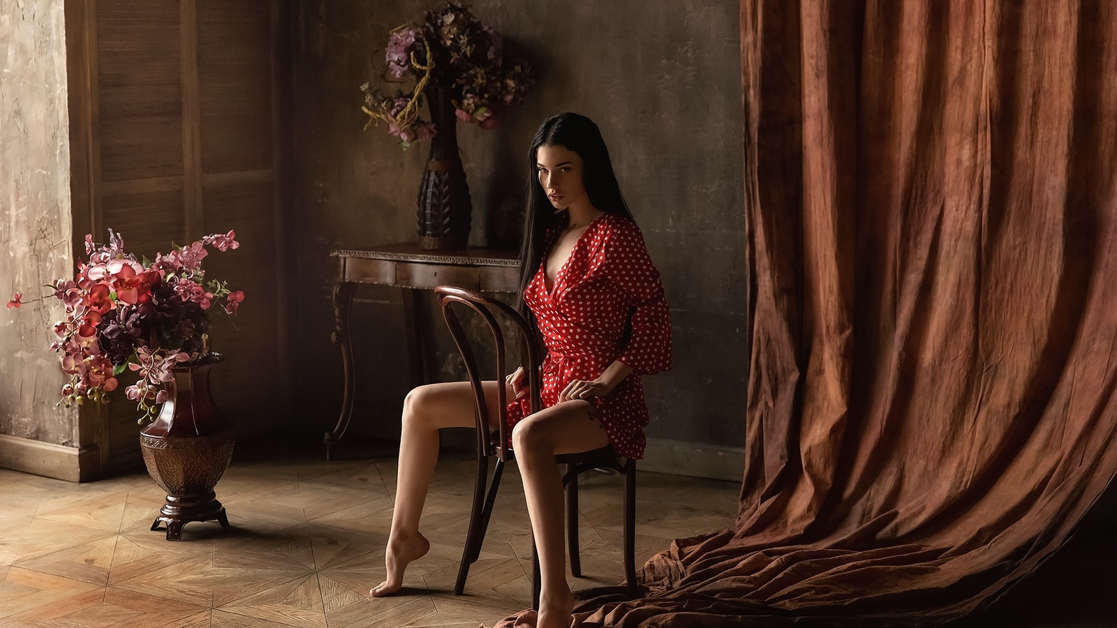 alla berger, women, chair, tattoo, sitting, polka dots, red dress, long hair, flowers, cleavage