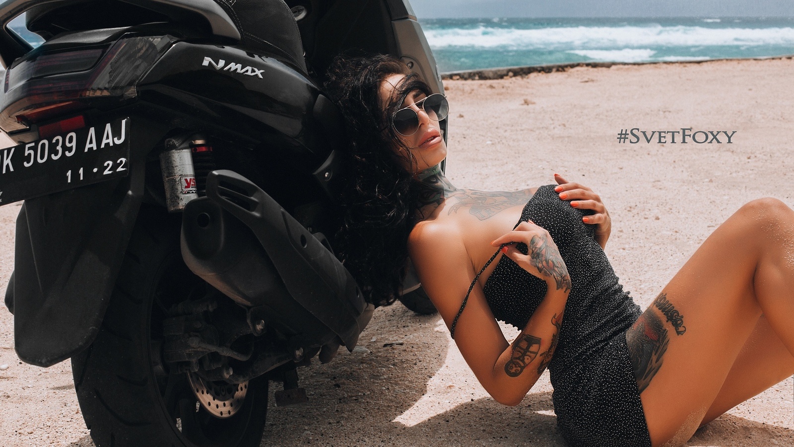 women, svetlana nikonova, sand, sea, black dress, women outdoors, beach, sitting, women with motorcycles, tattoo, sunglasses, polka dots, red nails