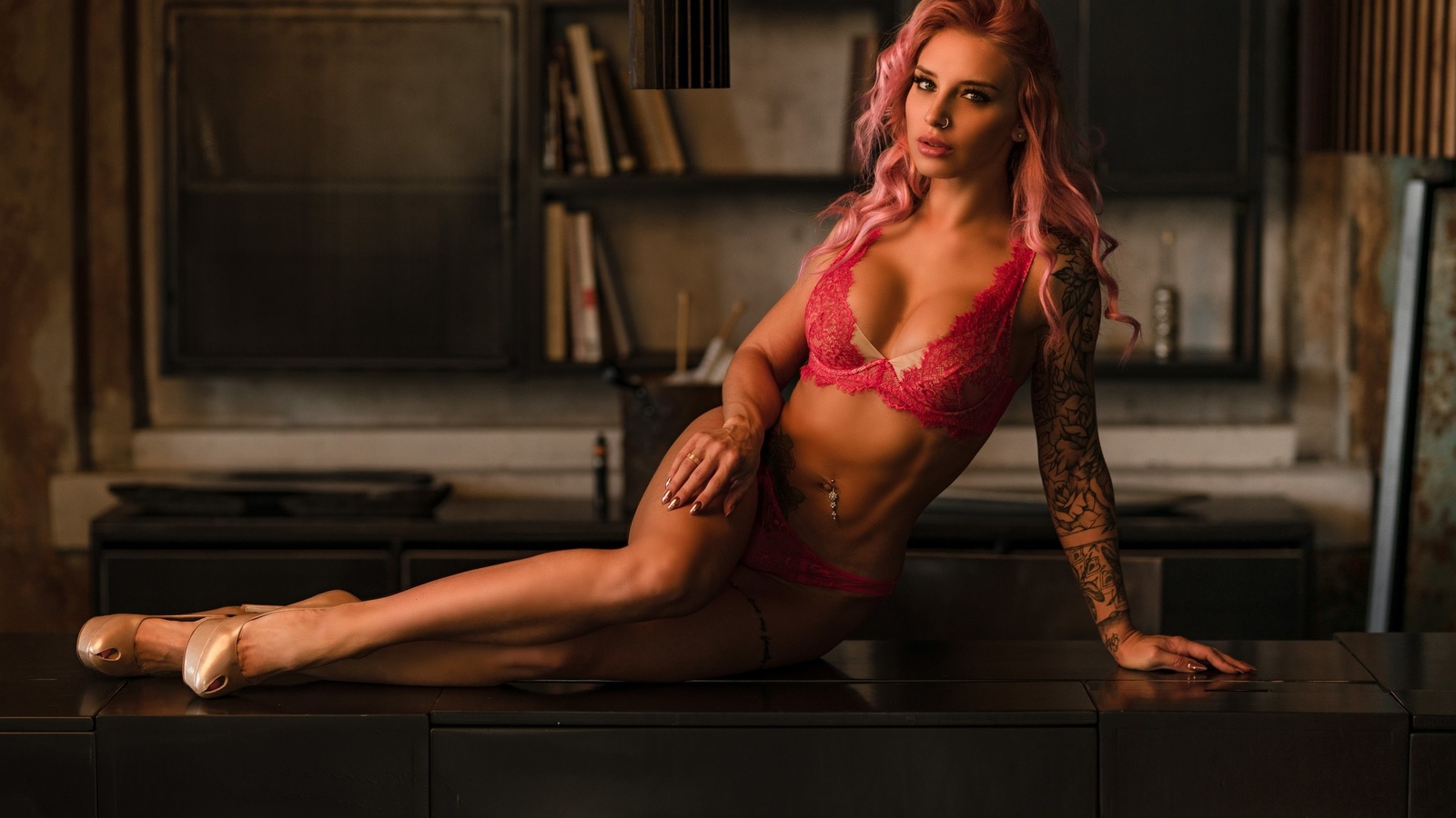 women, pink hair, pink lingerie, brunette, nose ring, high heels, tattoo, portrait, pierced navel, pink lipstick