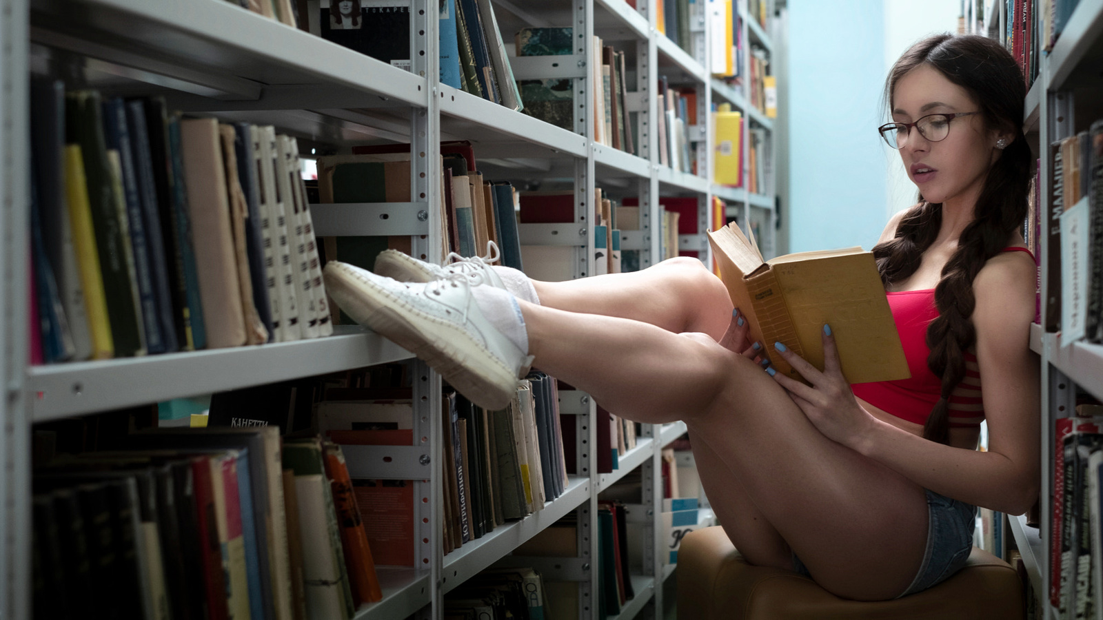 women, sitting, jean shorts, sneakers, books, pigtails, women with glasses, white socks, painted nails