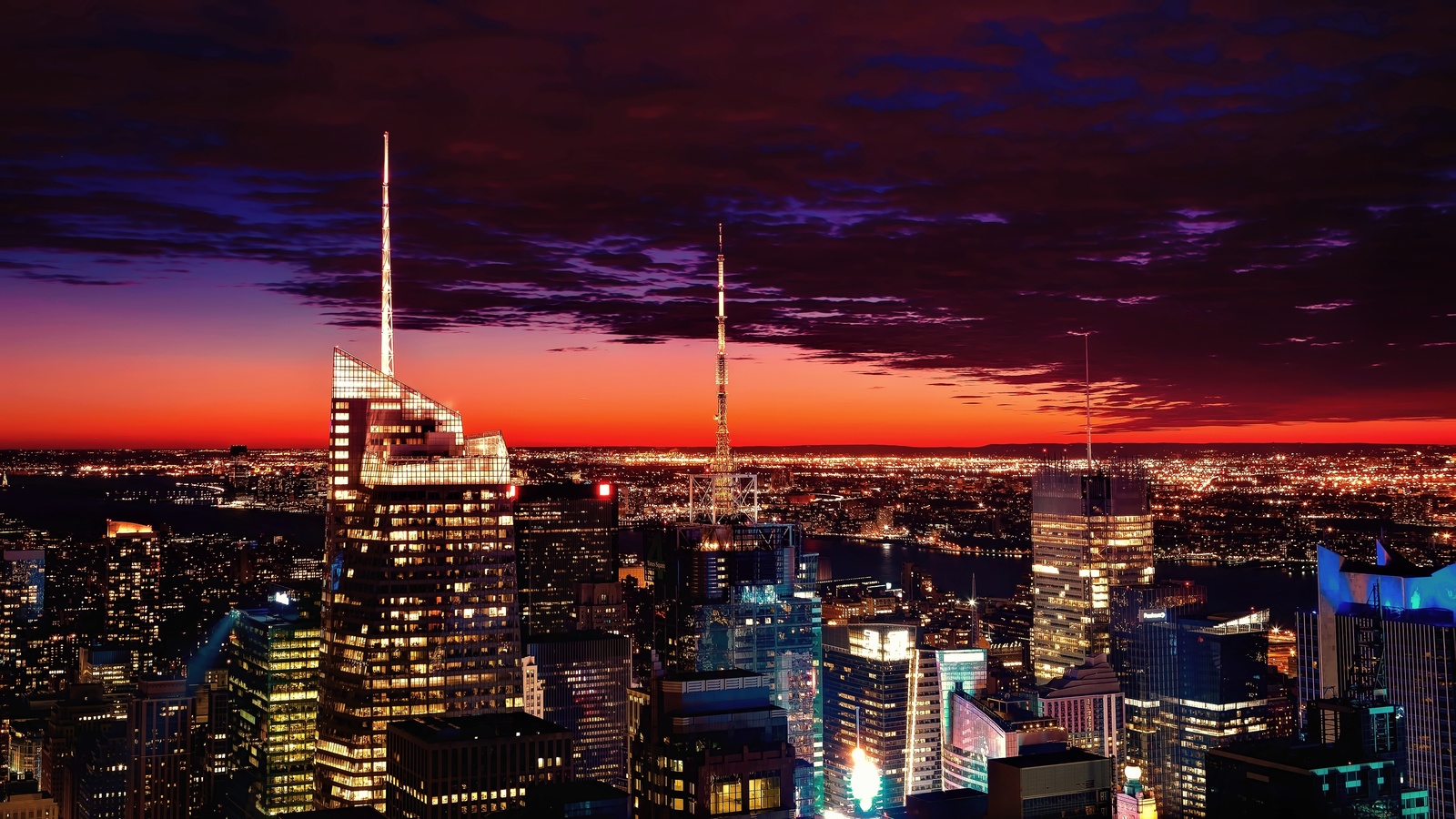 new york, sunset, skyscrapers, clouds, night, scenic, architecture, united states