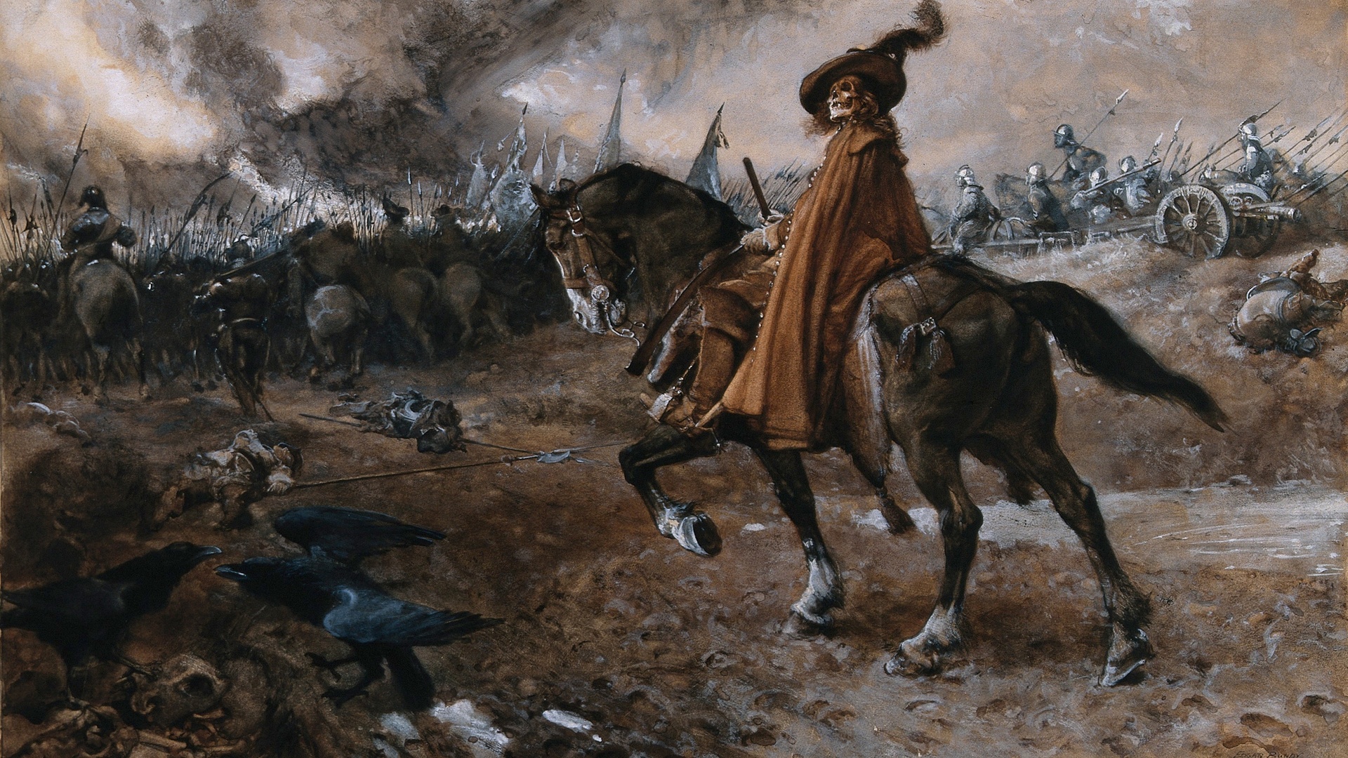 edgar bundy, death as general rides a horse on a battlefield, , 