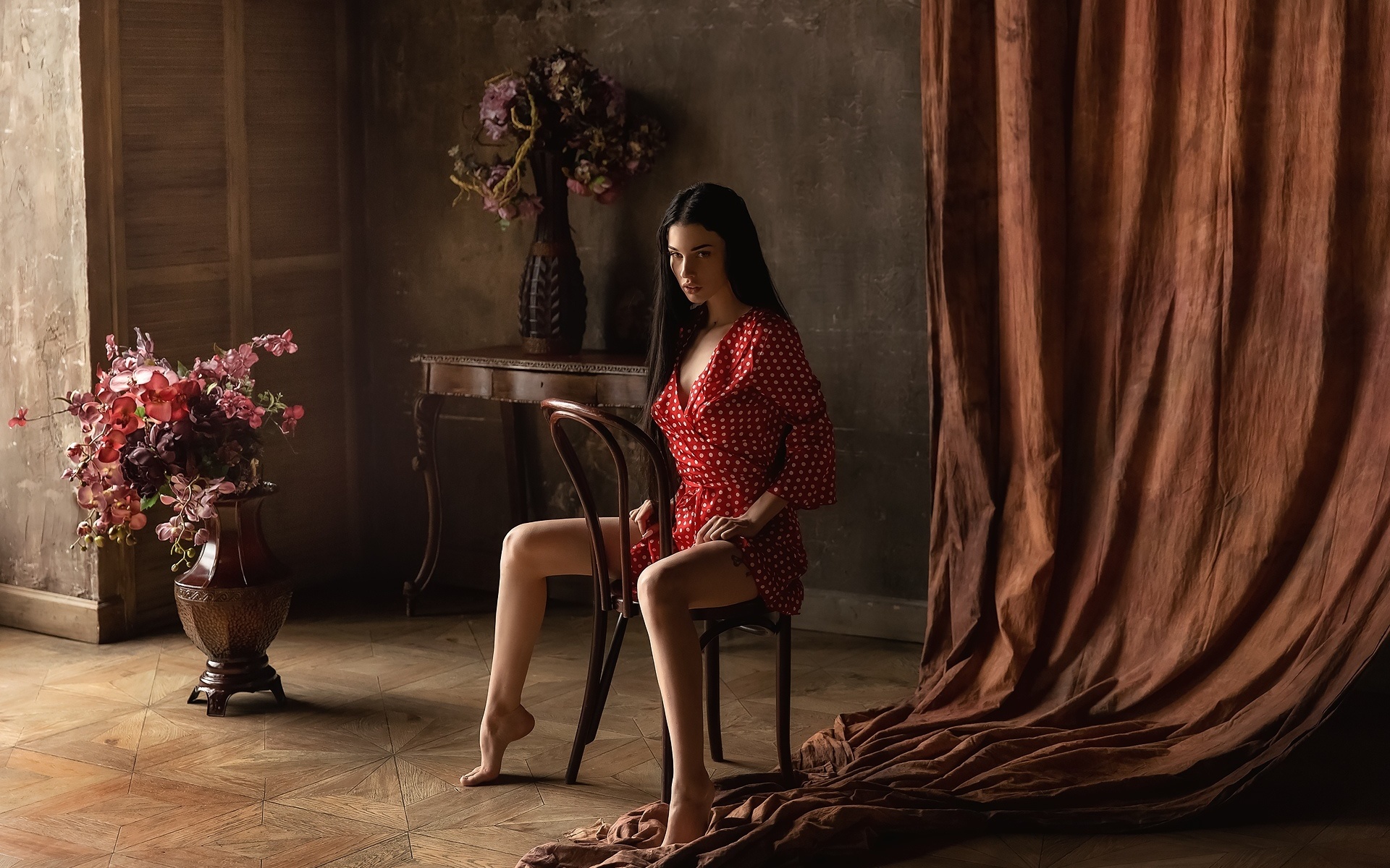 alla berger, women, chair, tattoo, sitting, polka dots, red dress, long hair, flowers, cleavage