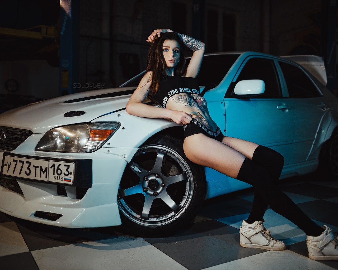 women, artem solovev, garage, knee-highs, sneakers, women with cars, ass, tattoo, belly, sportswear, black stockings, blue eyes