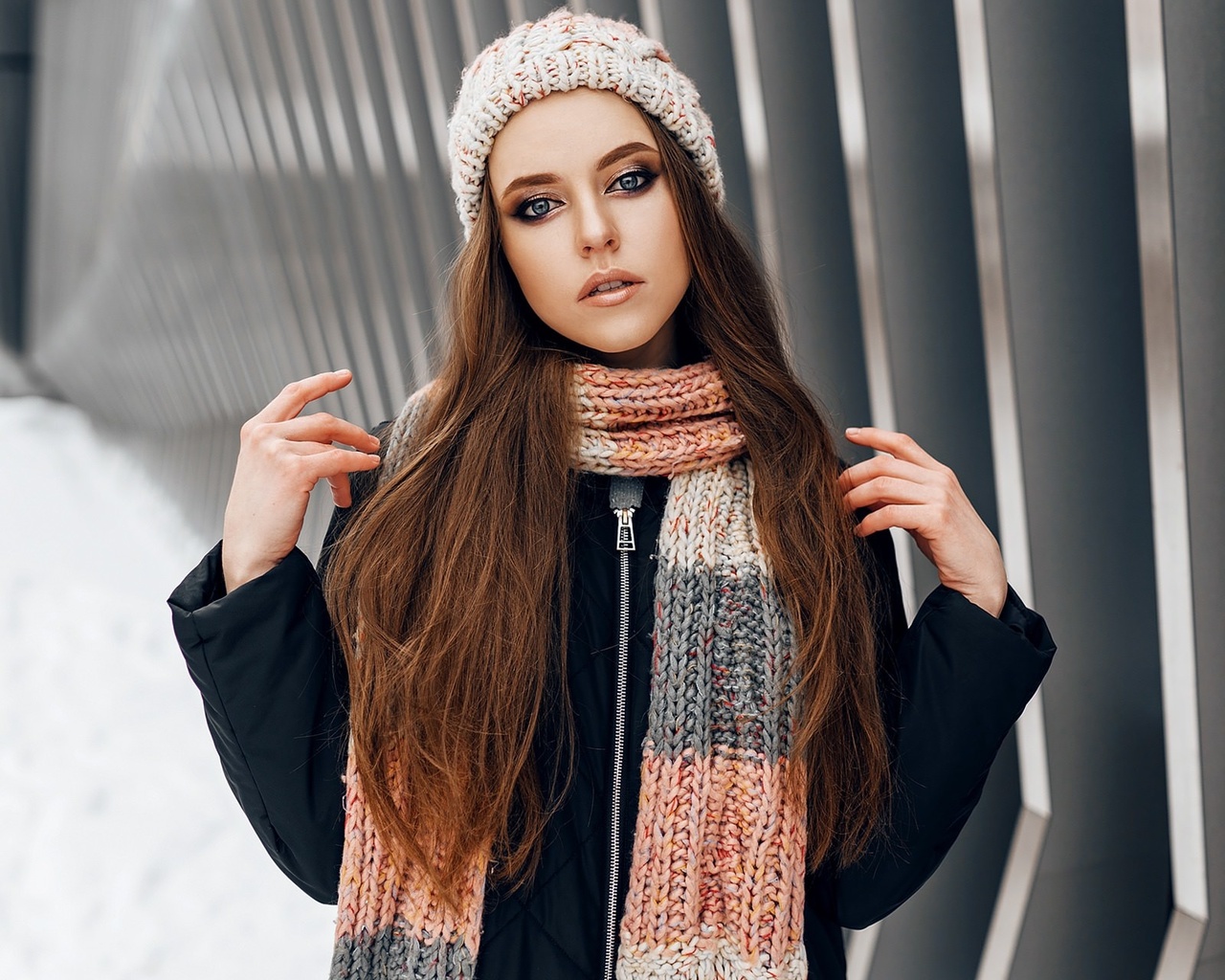 women, portrait, winter, scarf, coats, women outdoors, snow, blue eyes, long hair