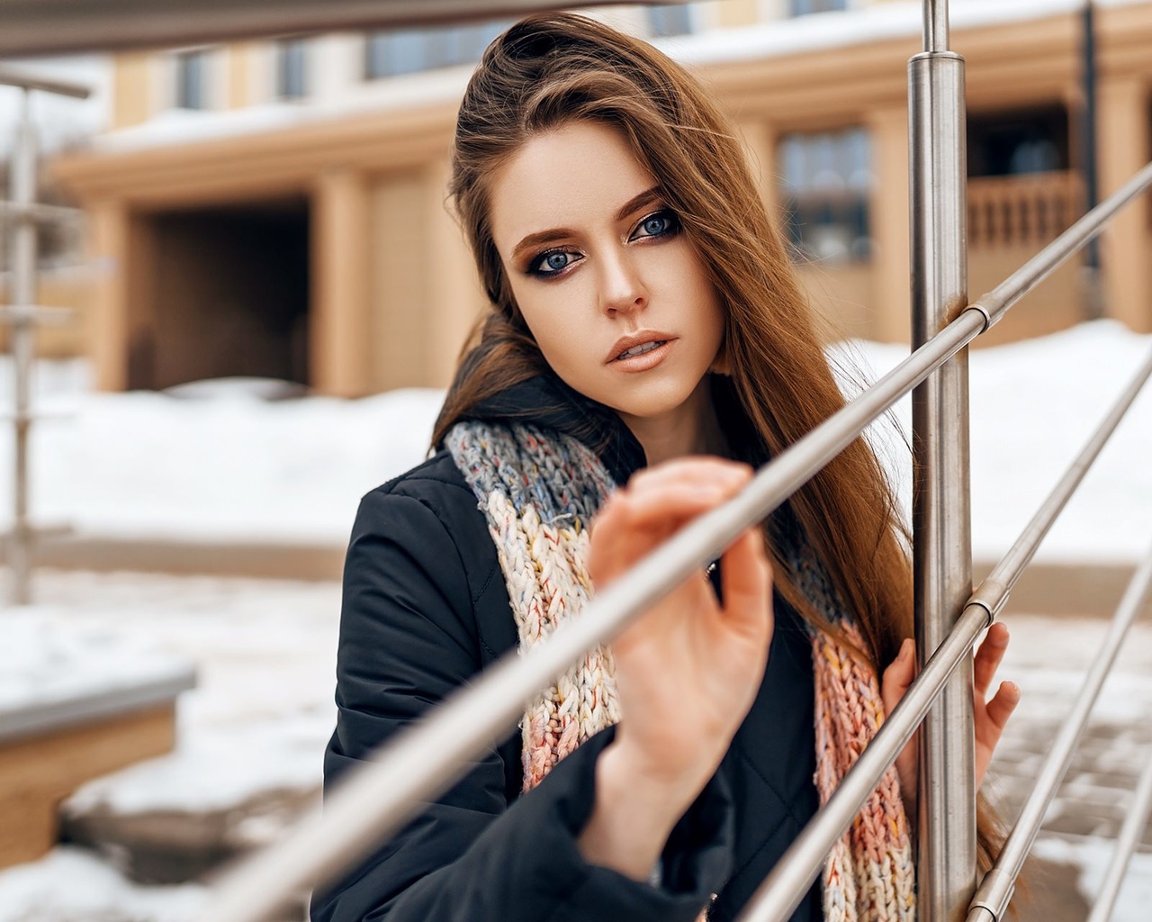 women, portrait, winter, scarf, coats, women outdoors, snow, blue eyes, long hair