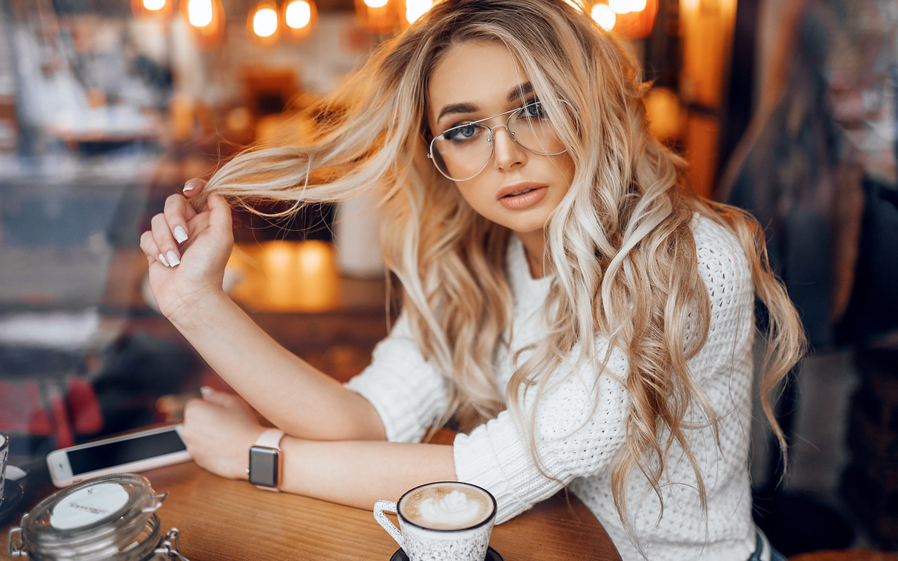 women, blonde, cellphone, watch, women with glasses, portrait, cup
