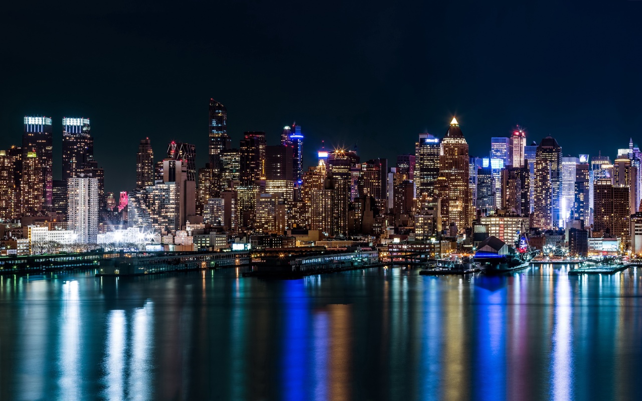 new york, metropolis, skyscrapers, river, reflection, urban, night, lights