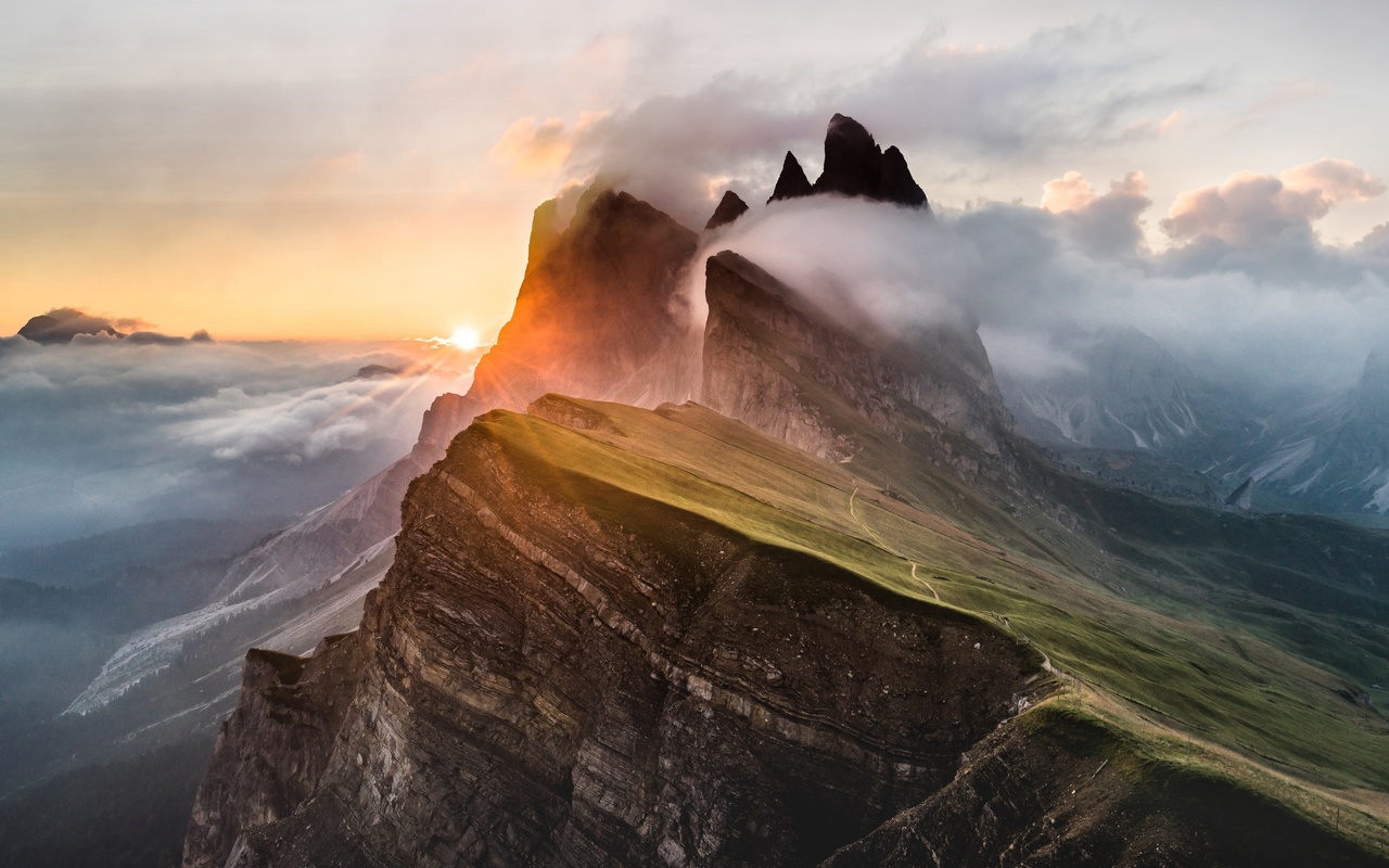 dolomiti, tramonto, montagne, rocce, cima della montagna, alpi