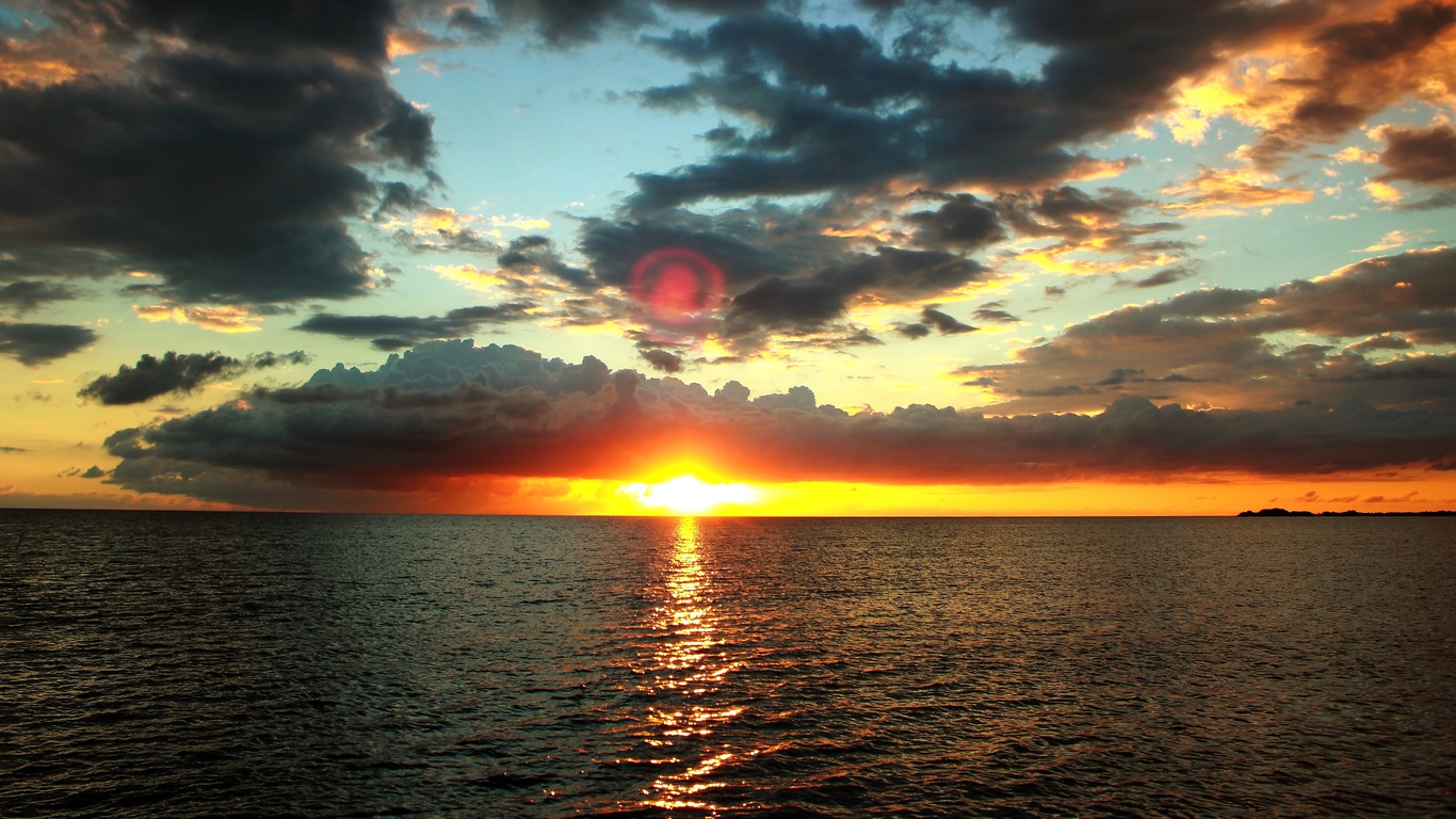 sunset, dawn, horizon, calm water, clouds, sky