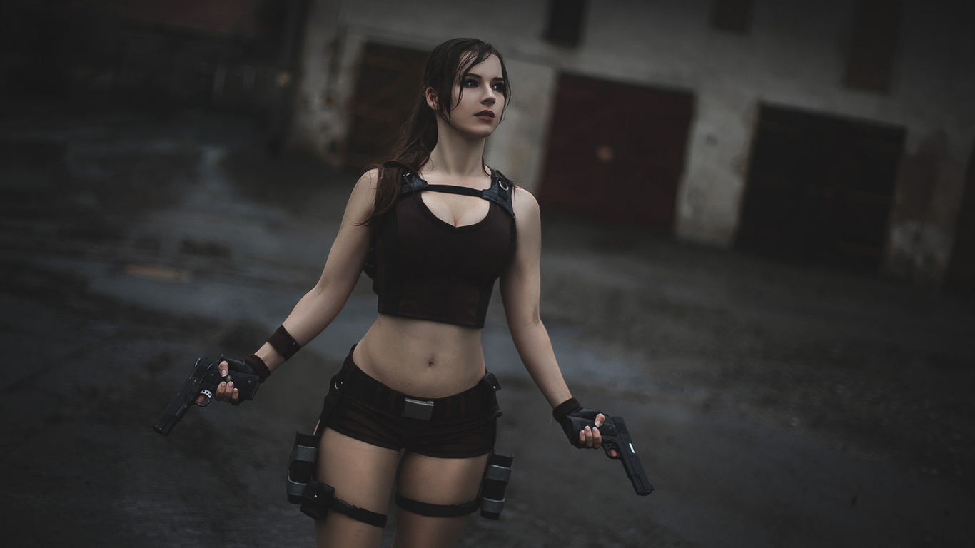 model, cosplay, gun, lara croft, ,